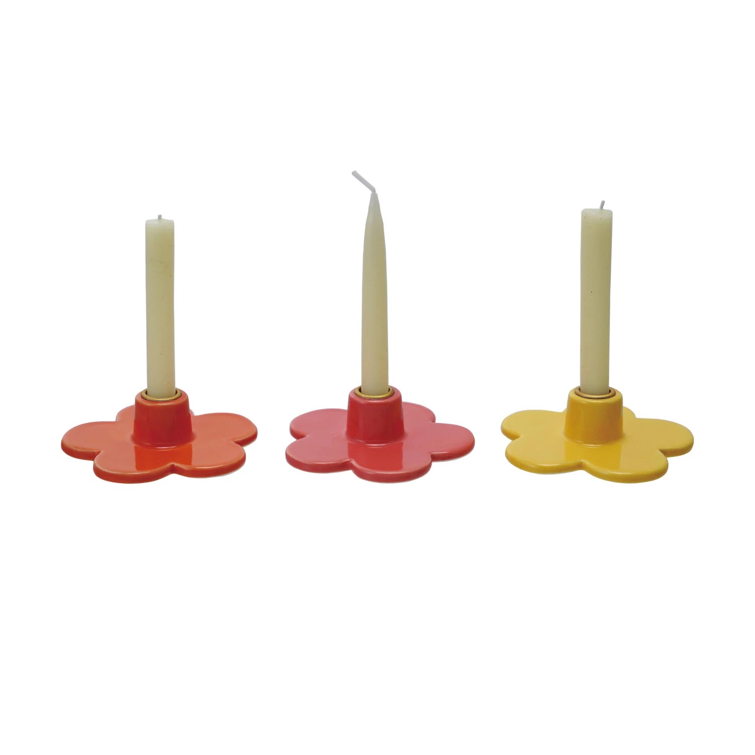 Add a touch of whimsy to your decor with our Stoneware Flower Shaped Taper Holder, available in 3 colors. This holder not only holds your taper candles securely, but also doubles as a charming tabletop accent. Brighten up any room with this playful and unique piece! 3"L x 3"W