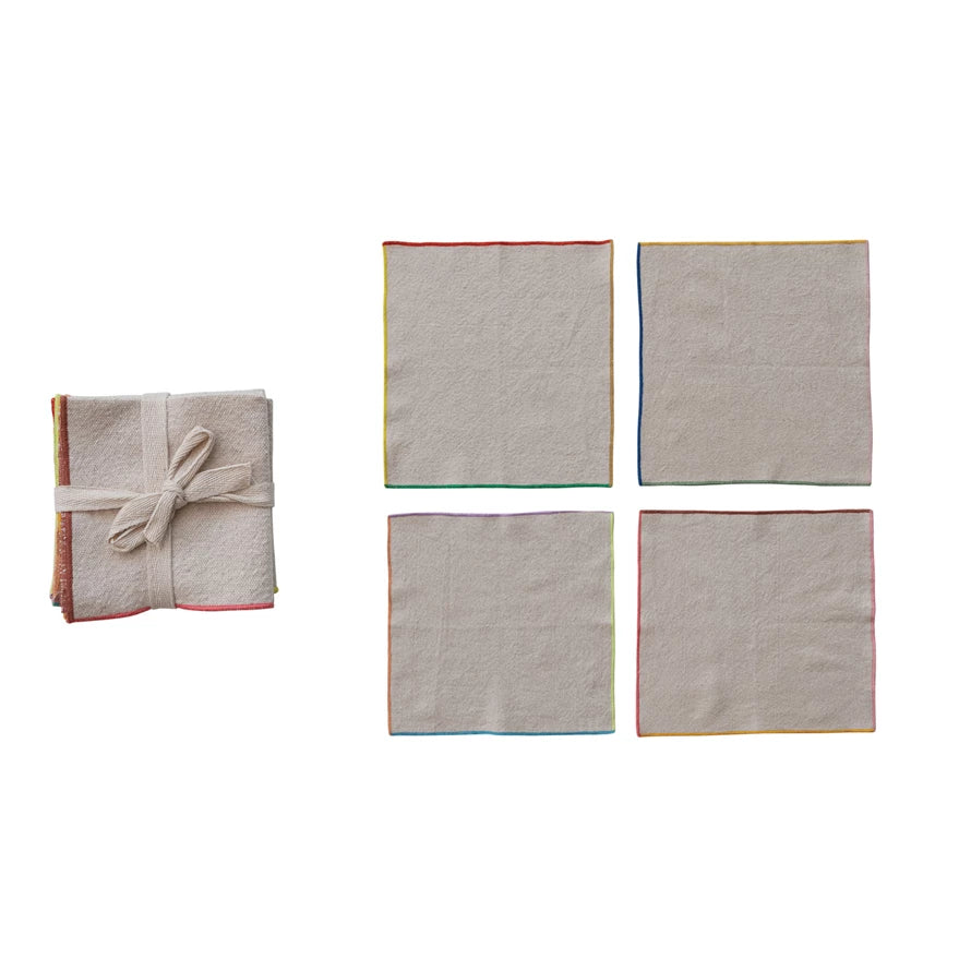 Make your dining experience colorful and charming with our Woven Cotton Napkins! These napkins feature a stitched colored edge, adding a playful touch to any table setting. Made of high-quality cotton, they're durable and easy to clean, making them the perfect addition to your kitchen. Set of 4 included.