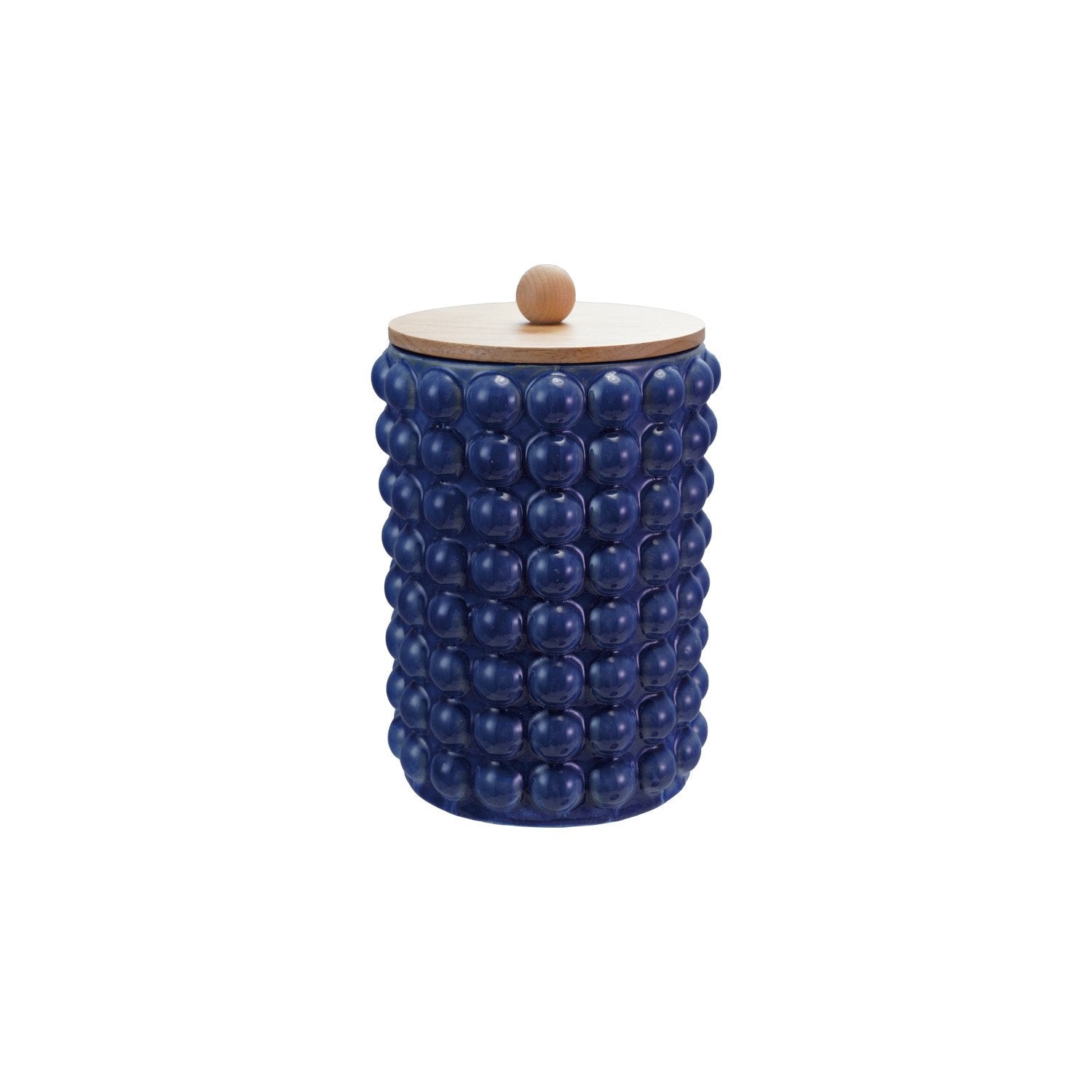 Add a splash of fun to your kitchen with this Blue Raised Dot Stoneware Canister! Its cheerful raised dot texture and vibrant blue color brighten up any countertop while keeping your goodies fresh and within reach. Perfect for storing snacks, coffee, or baking essentials, this sturdy canister combines style and practicality in one playful package. 6-3/4" Round