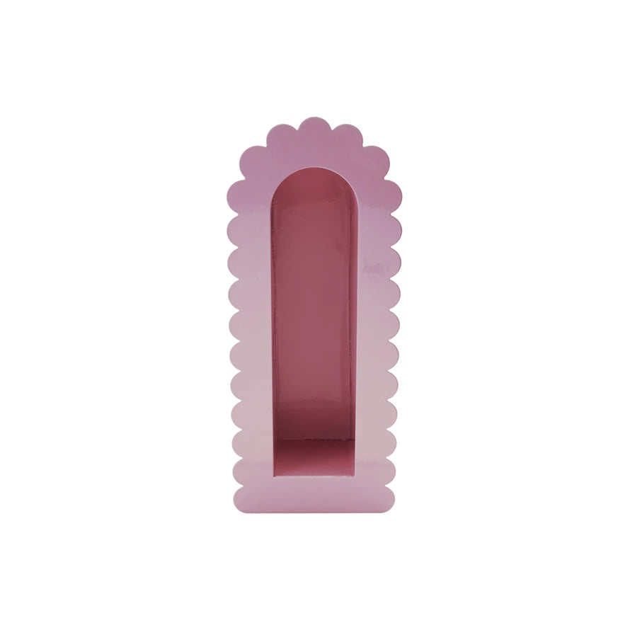 Add a touch of whimsy to your home with our Metal Taper Holder Sconce! The scalloped edge adds a playful twist to the sleek metal design. Perfect for creating a cozy ambiance with taper candles. Spice up your decor with this quirky and unique piece. 7"W x 2"D x 20"H PINK