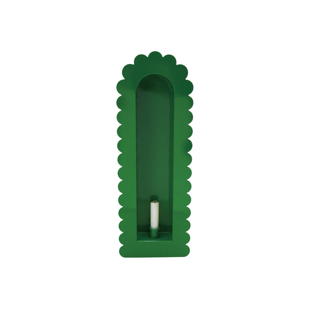 Add a touch of whimsy to your home with our Metal Taper Holder Sconce! The scalloped edge adds a playful twist to the sleek metal design. Perfect for creating a cozy ambiance with taper candles. Spice up your decor with this quirky and unique piece. &nbsp;7"W x 2"D x 20"H