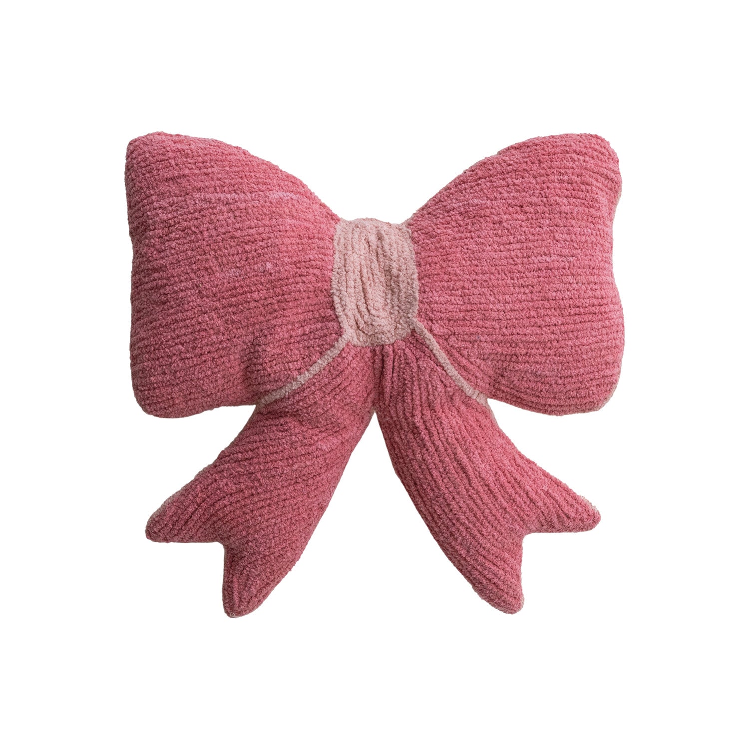 16"L x 16"H Woven Cotton Chenille Bow Shaped Pillow with Cotton Back, Pink & Light Pink