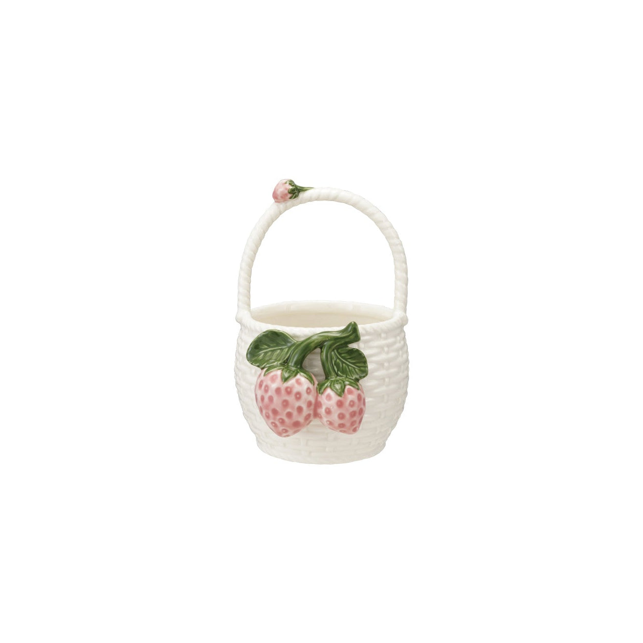Stoneware Basket Shaped Container with 3D Strawberries & Handle, White, Green & Pink