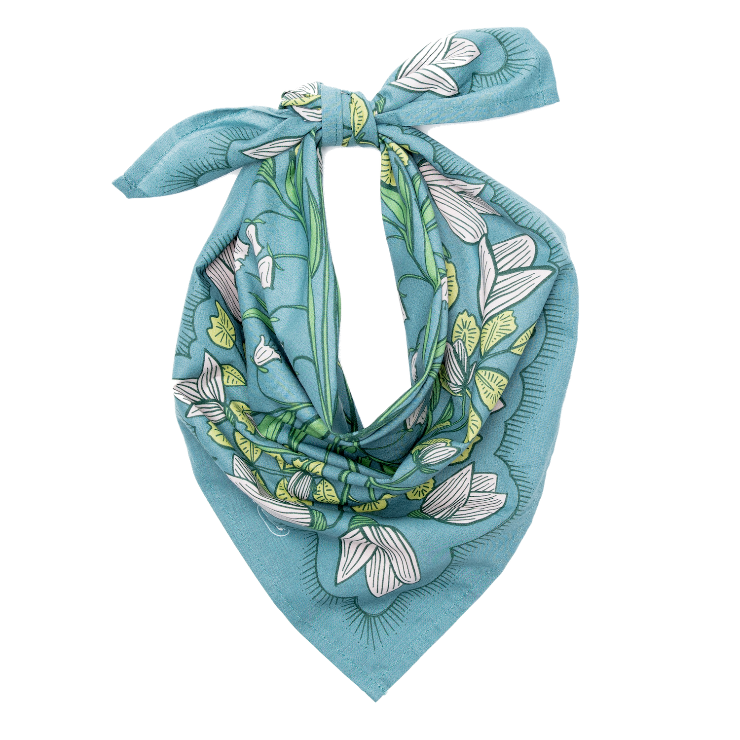 Blue floral patterned bandana on a white background