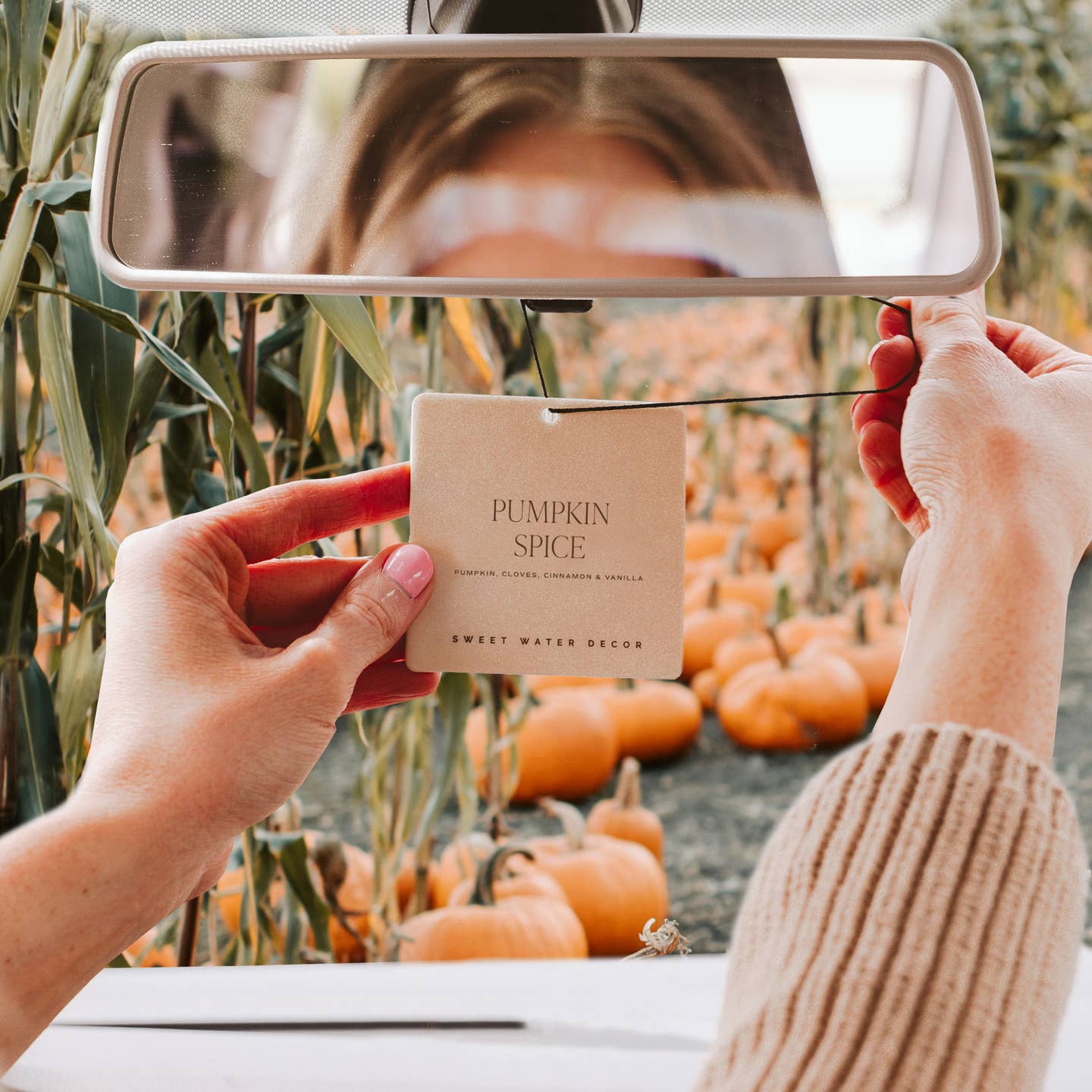 Person holding a 'Pumpkin Spice' sign in front of a mirror with a pumpkin patch background