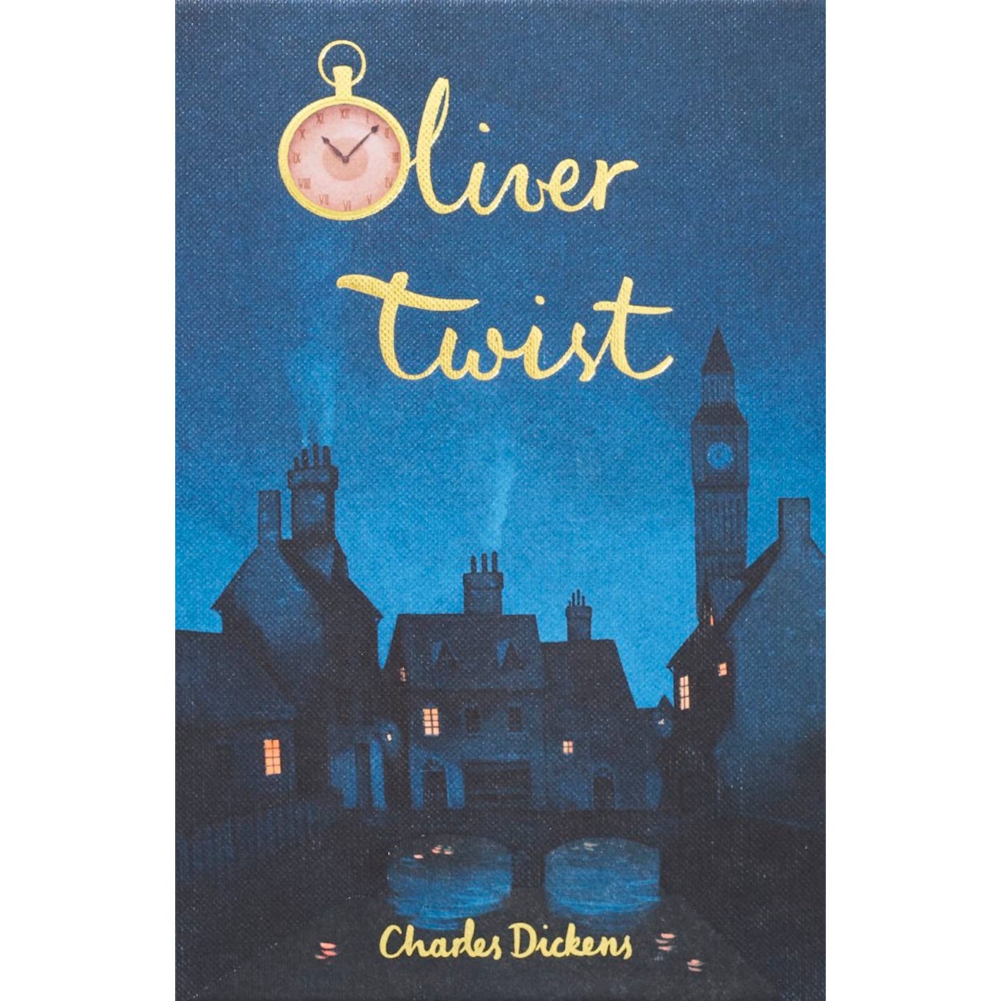 Book cover of 'Oliver Twist' by Charles Dickens with a silhouette of a town and Big Ben.