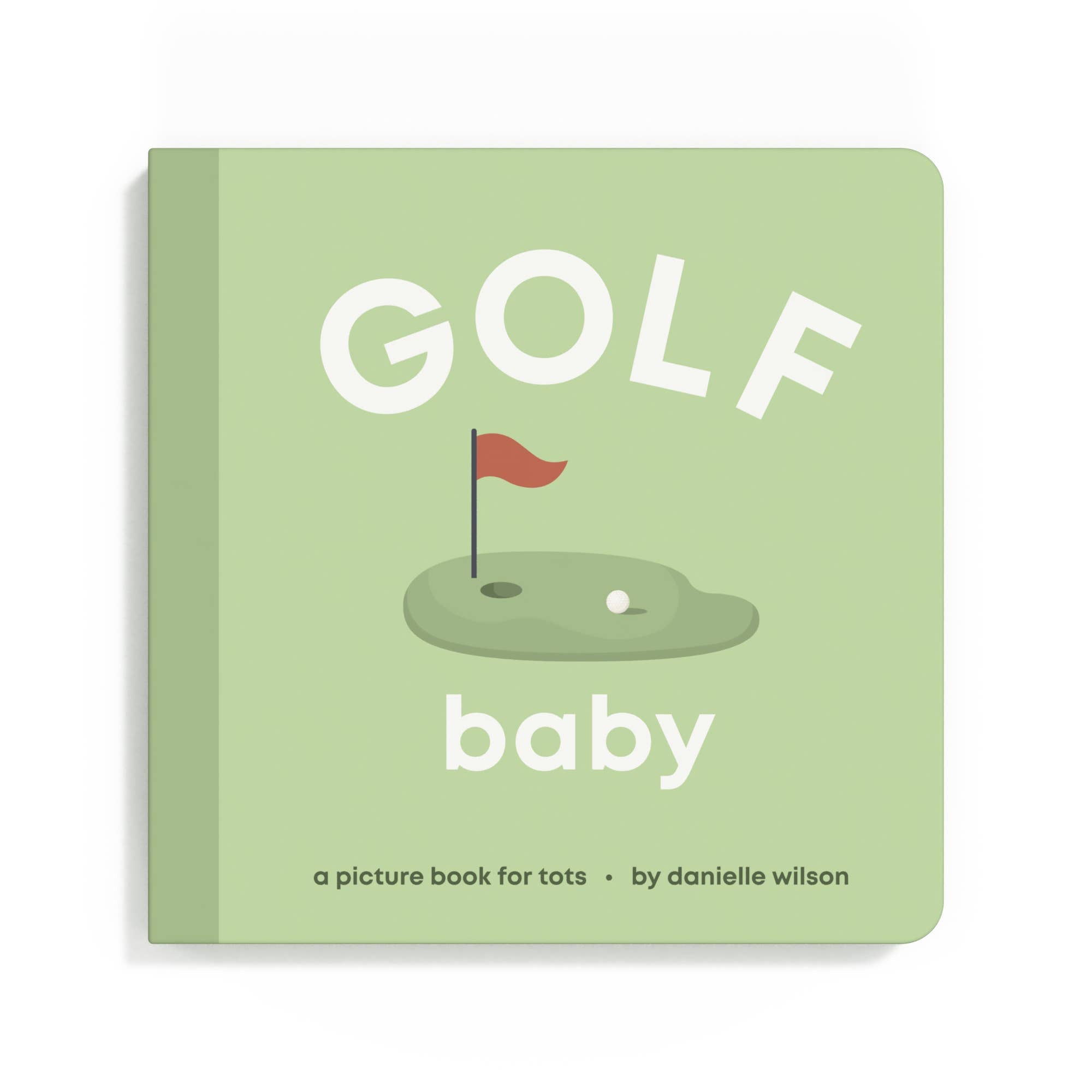 Book titled 'Golf Baby' with a golf course illustration on a green background