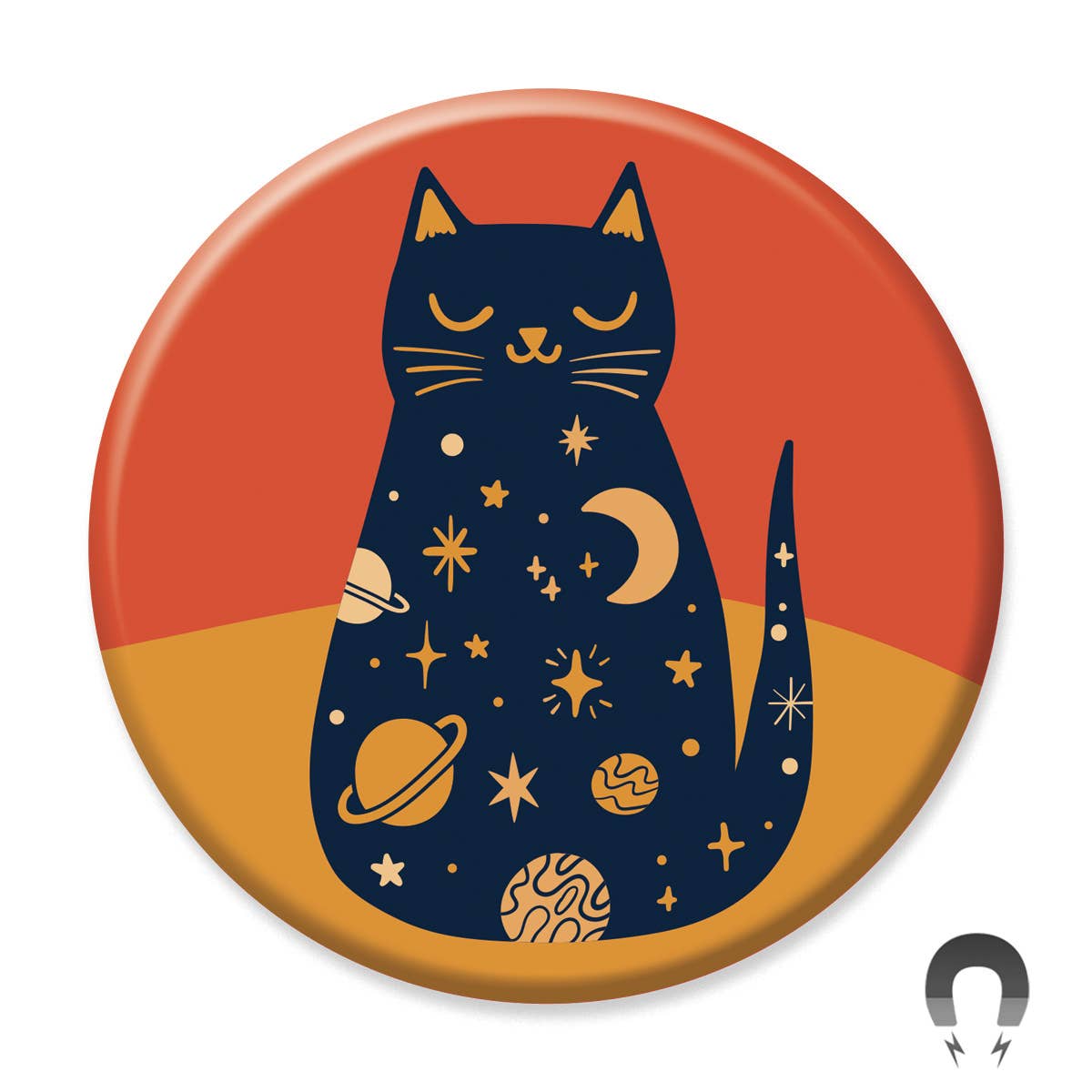 Cosmic Kitty Magnet by Allison Cole. Check out our Cosmic Magic Magnet Bundle for more whimsical designs! Made with recycled paper &amp; steel. Super strong flat back for maximum pull strength. Hand-pressed in our Portland, OR factory. 2.25" round