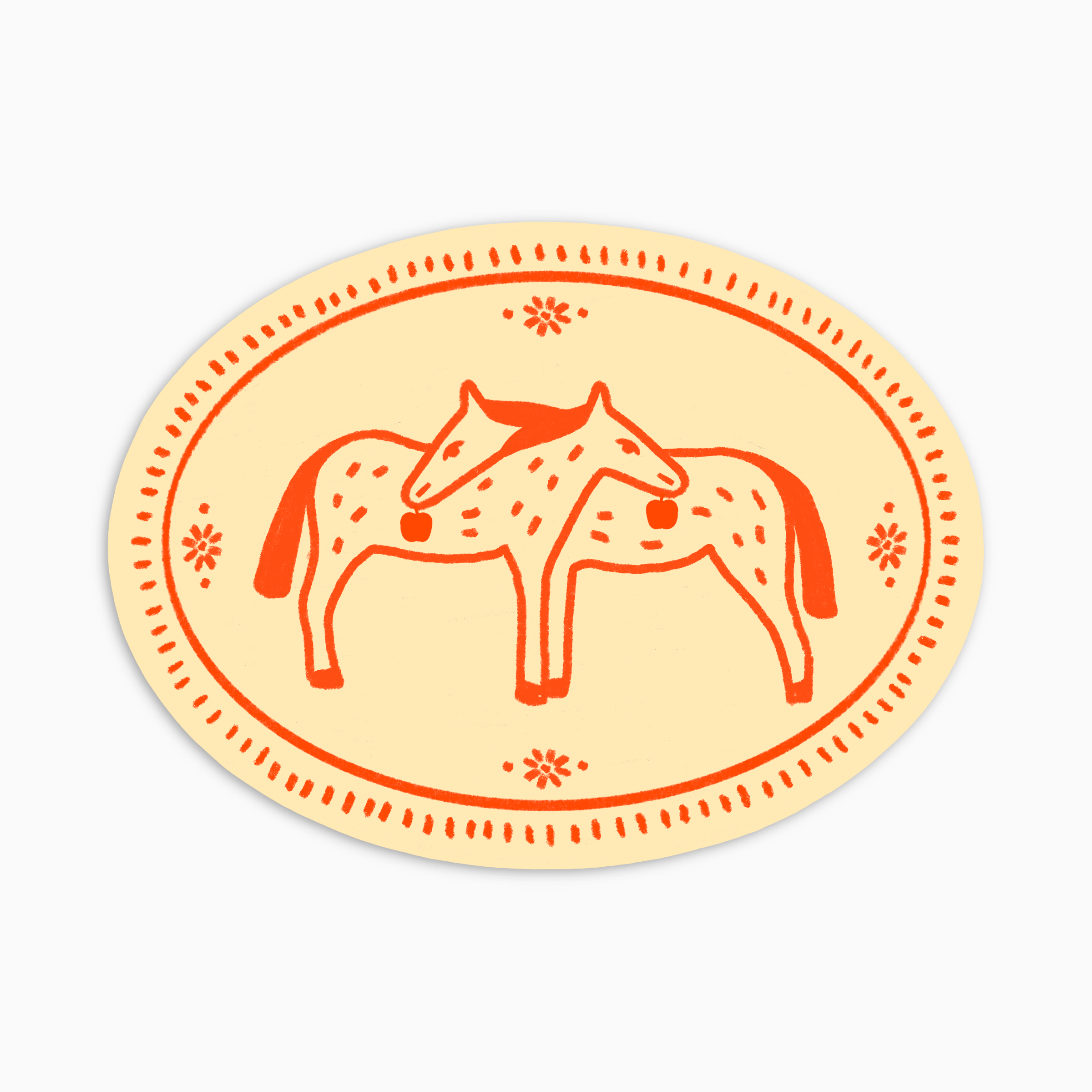 Round sticker with two horses in red on a yellow background