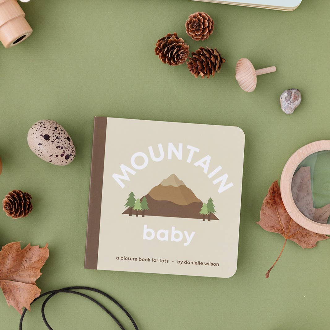 Children's book titled 'Mountain Baby' on a green surface with nature-themed items.