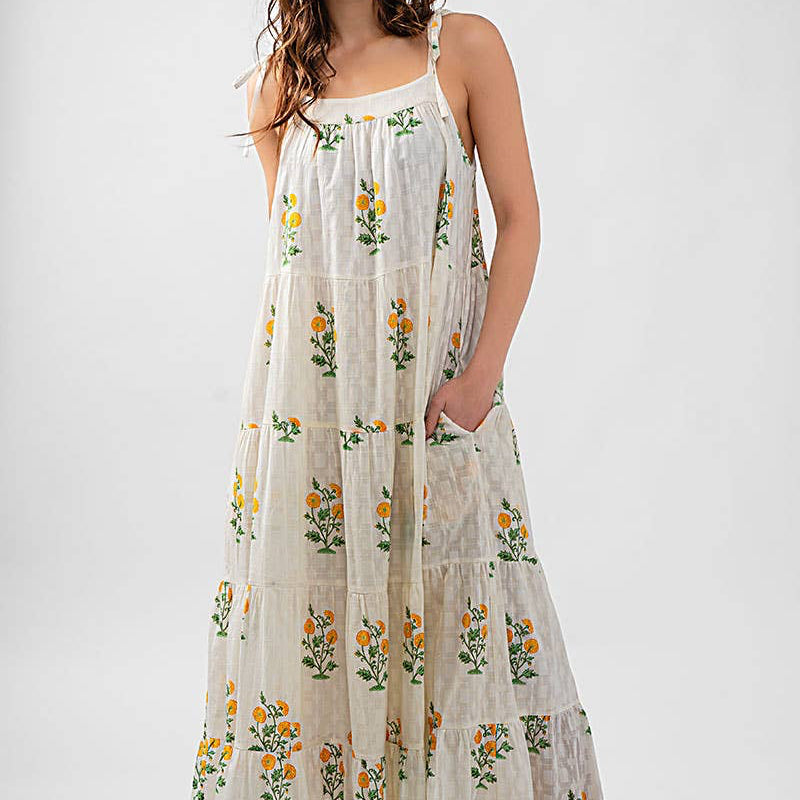 Romantic Tiered Floral Cotton Maxi Dress