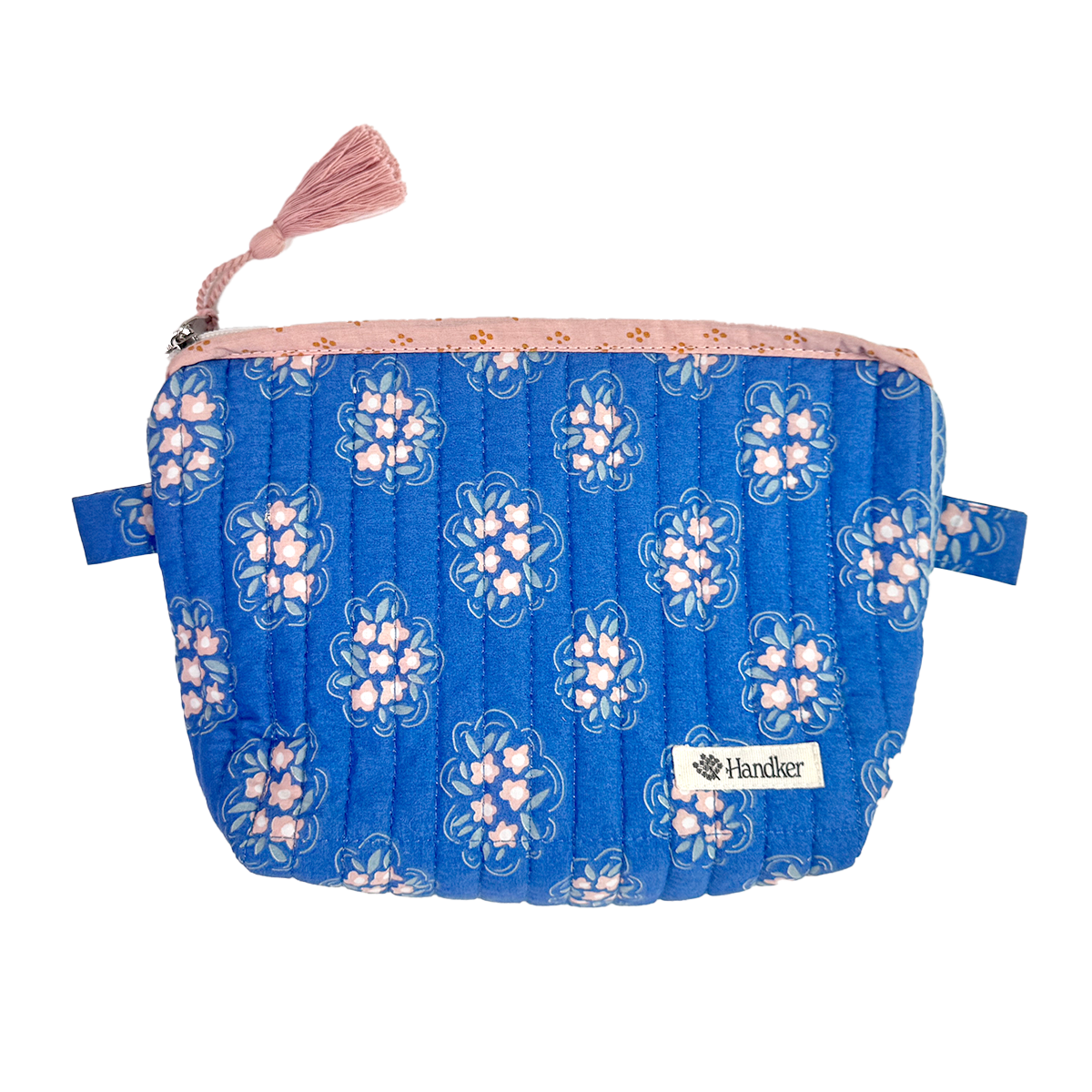 Blue pouch with floral pattern and pink zipper on a white background