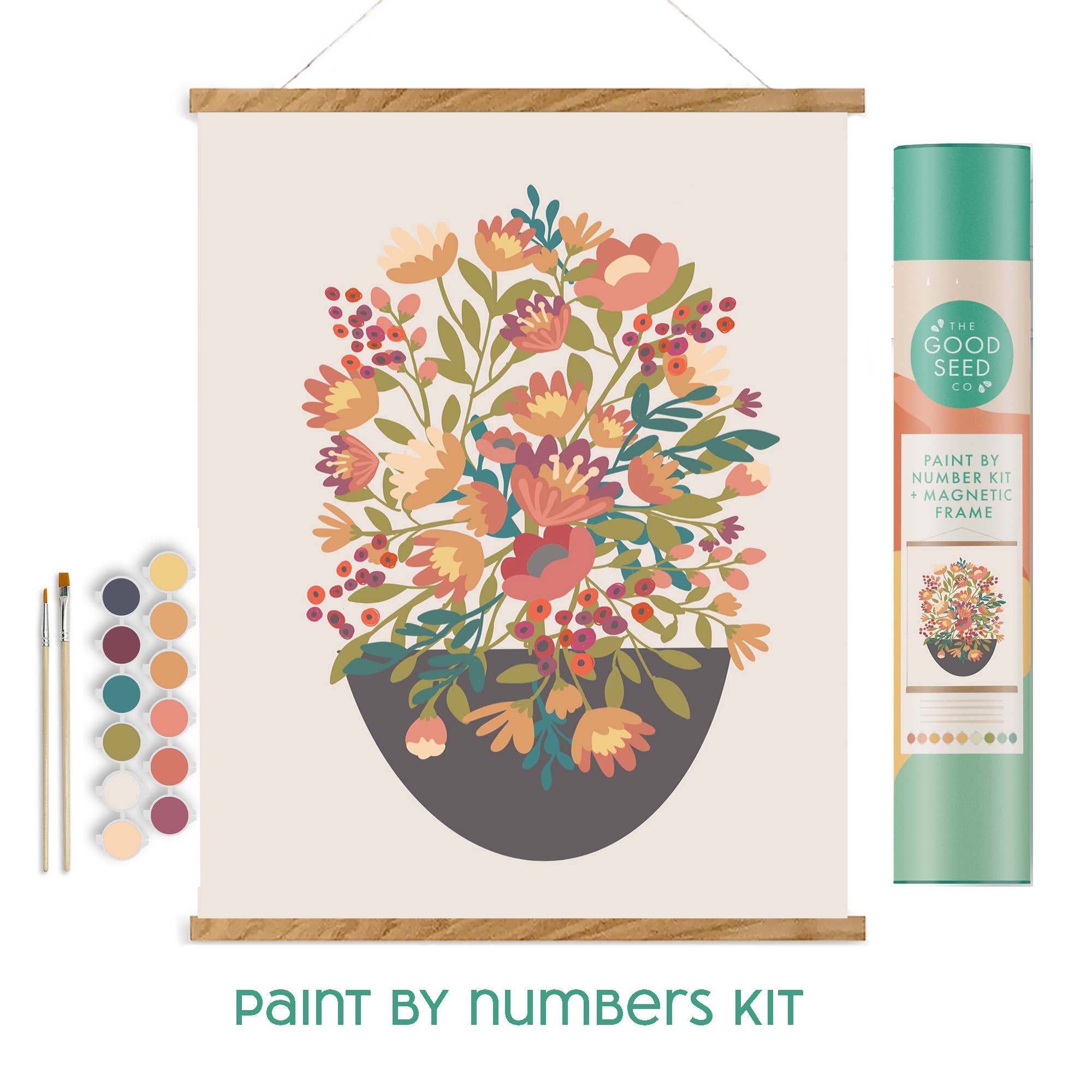 Paint by numbers kit with floral design, paint set, and magnetic frame on a white background