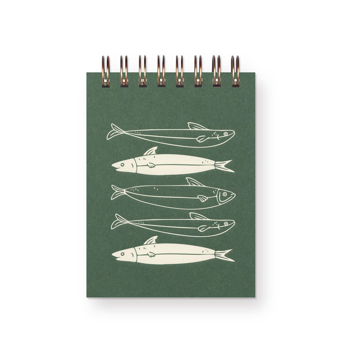 Green notebook with white fish illustrations on a white background