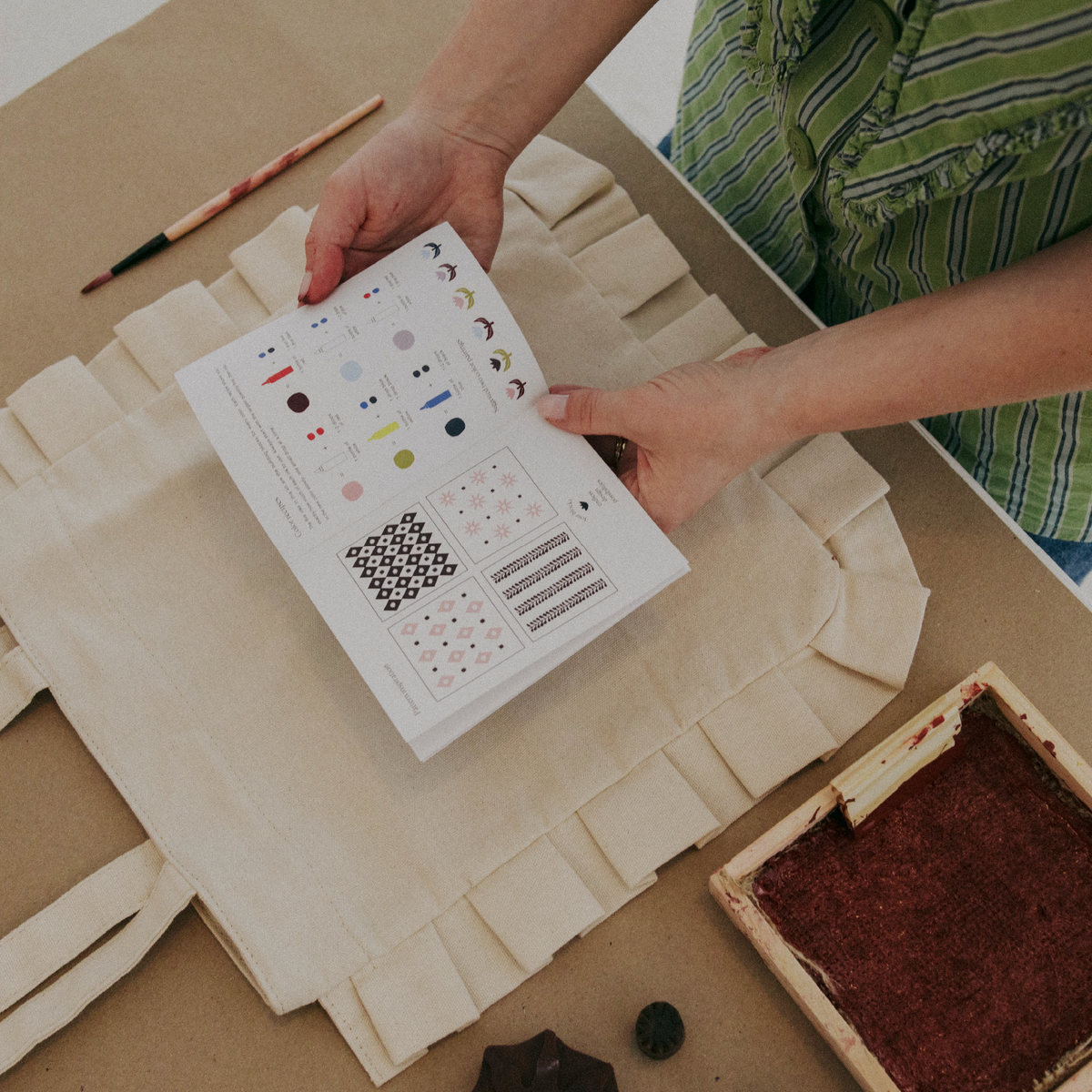 Person holding a pattern sheet over a fabric with a printing block on a table.