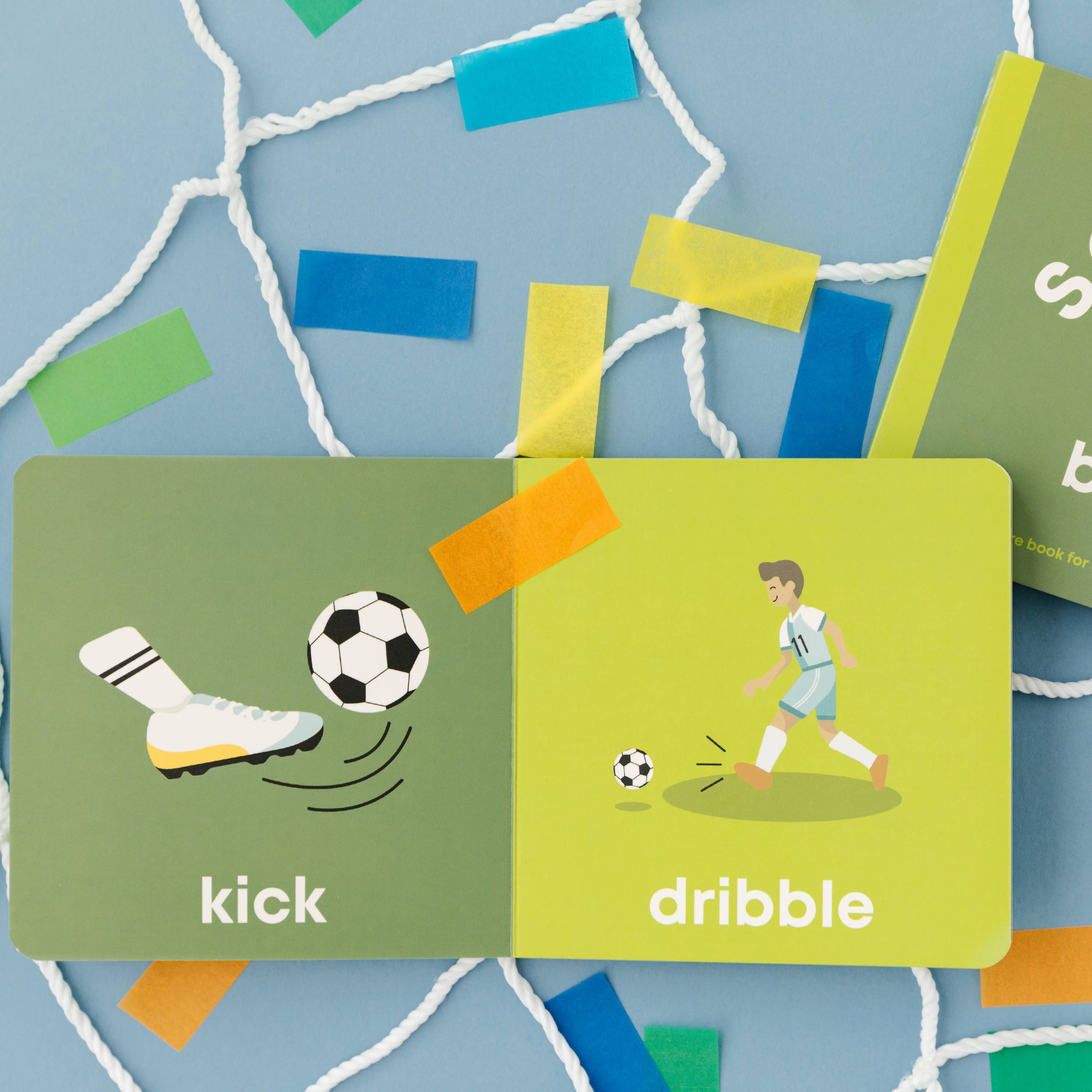 Children's educational cards with soccer-themed illustrations on a blue grid background