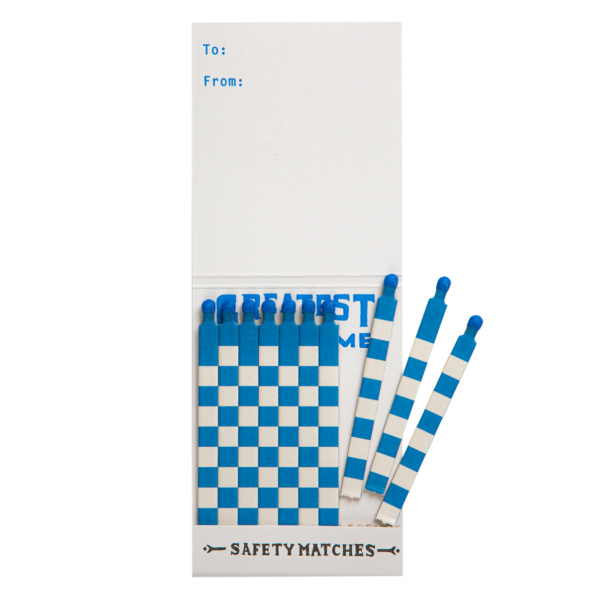 A novelty matchbook-style safety match pack with a white cover and a blue-and-white checkerboard design. The matches are blue and shaped like chess pieces, with the word "GREATEST" printed across the top.