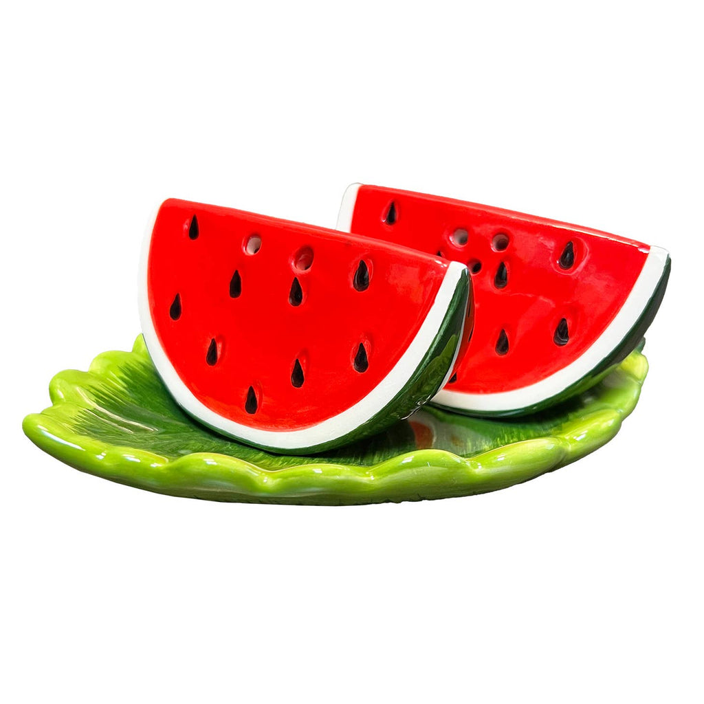 A perfect addition to our s&p shaker family - these 2 slices of juicy watermelon are the perfect pair to spice up your table top, picnic, or barbecue!! Comes with its very own plate to hold the pair together!