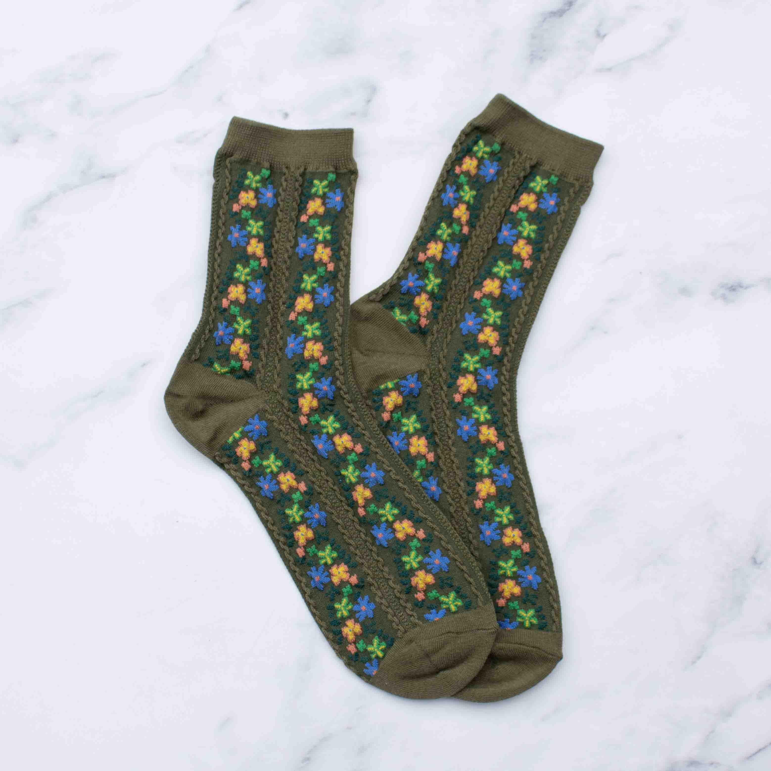 Aahana Floral Casual Socks - Olive
