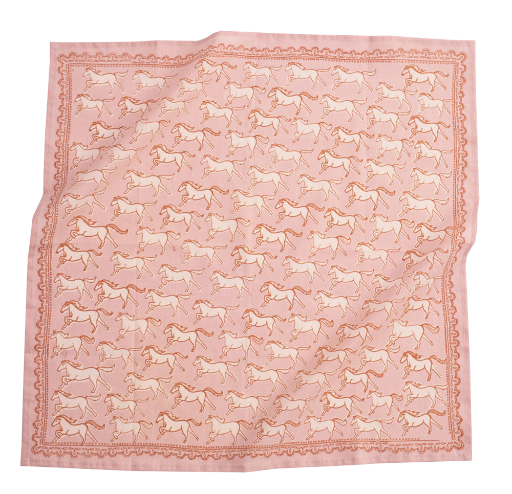Pink scarf with horse pattern on a white background