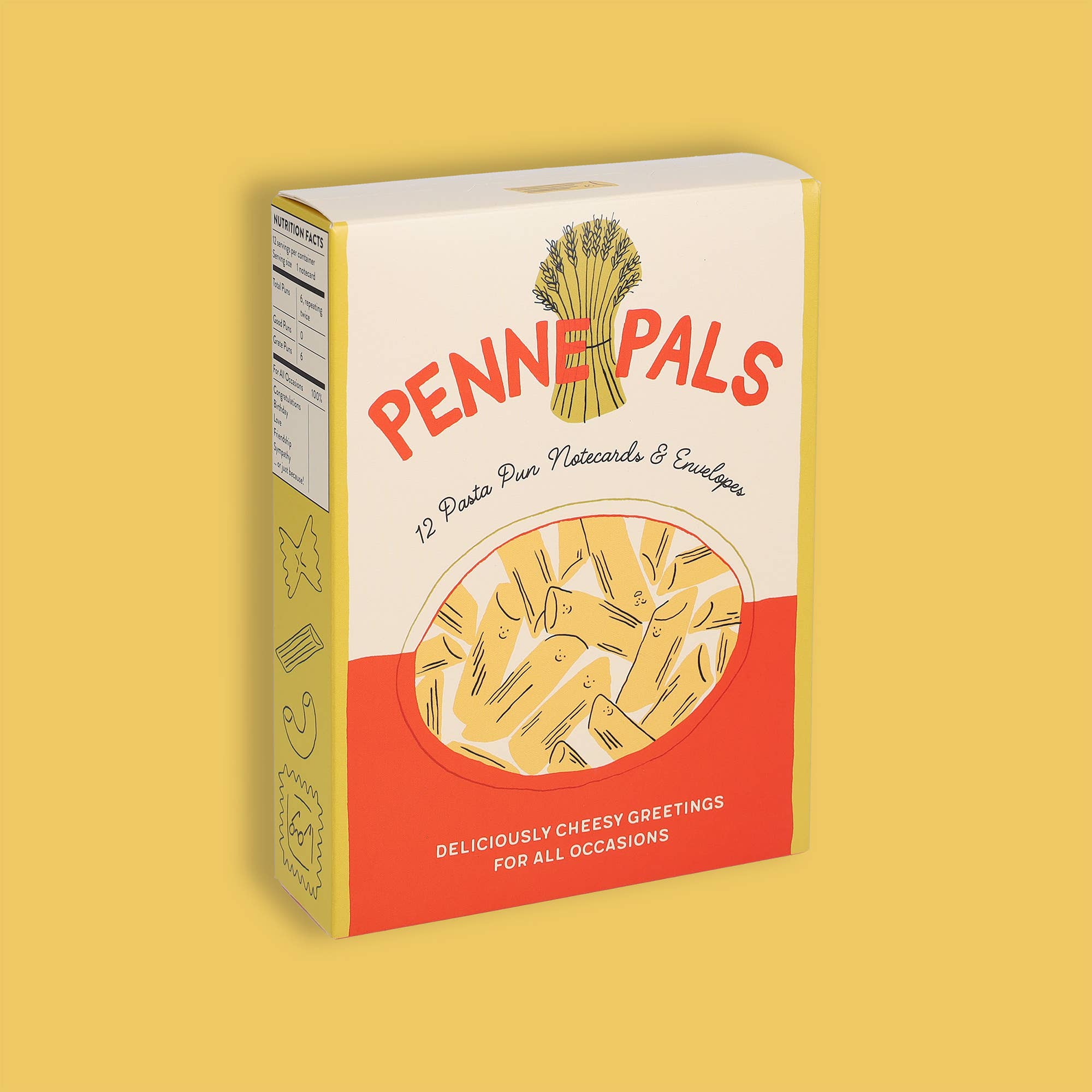 The pastabilities are endless with this adorably punny notecard set for pasta lovers.

There's no better way to show love than through food! Whether you want to pen a birthday greeting, a love note, congratulations, or a simple thinking-of-you to friends or family, there's a card here for all the carb-lovers in your life. Set includes 12 blank notecards (6 illustrations repeating twice), housed in a package cleverly reminiscent of a box of pasta.