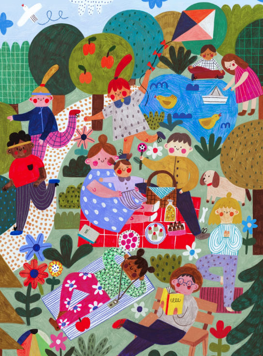 A fun, bright puzzle featuring friends and families enjoying the afternoon sunshine in the park! We hope you love this puzzle to pieces!  500 piece puzzle  Finished puzzle dimensions - 16.5" x 22.5"