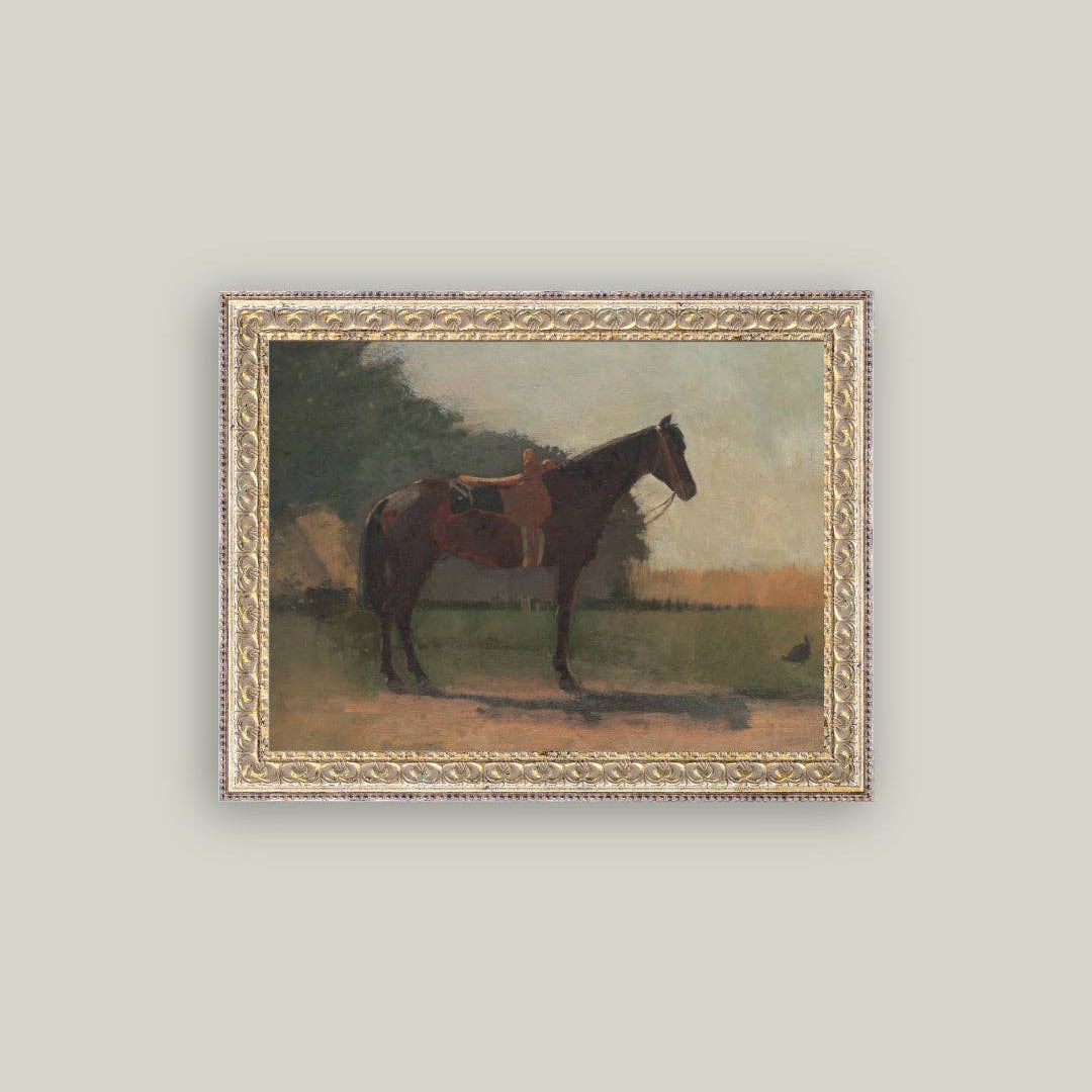 Capture timeless charm with this Saddled Horse Framed Antique Art. Its vintage aesthetic brings warmth and history to any space, making it perfect for equestrian enthusiasts or lovers of classic decor. The detailed depiction of the saddled horse invites a sense of calm and connection to simpler times, enhancing your home or office with a supportive, nostalgic touch.

Details:

7” x 5”
Artwork Material: Printed on premium canvas fabric for a lasting, textured finish.
Measurement reflects the outside
