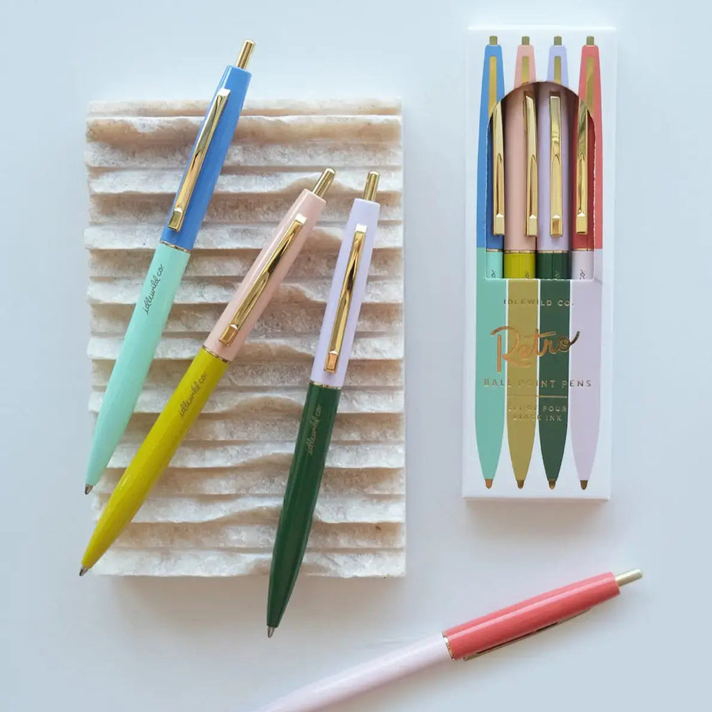Our Retro Pens are designed in the classic mid-century style, updated with vibrantly hued duo-toned, scratch-proof barrels–designed to last a lifetime. Best of all, our pen barrels are manufactured in metal- not plastic! This makes a noticeably nicer weight for writing, and is environmentally friendly to boot! Each set of four coordinating pens is packaged in a custom-designed, plastic-free package.

• Black Ink • Ballpoint Style

• Approximately 5 1/2" x 3/8"

• Plastic Free Packaging