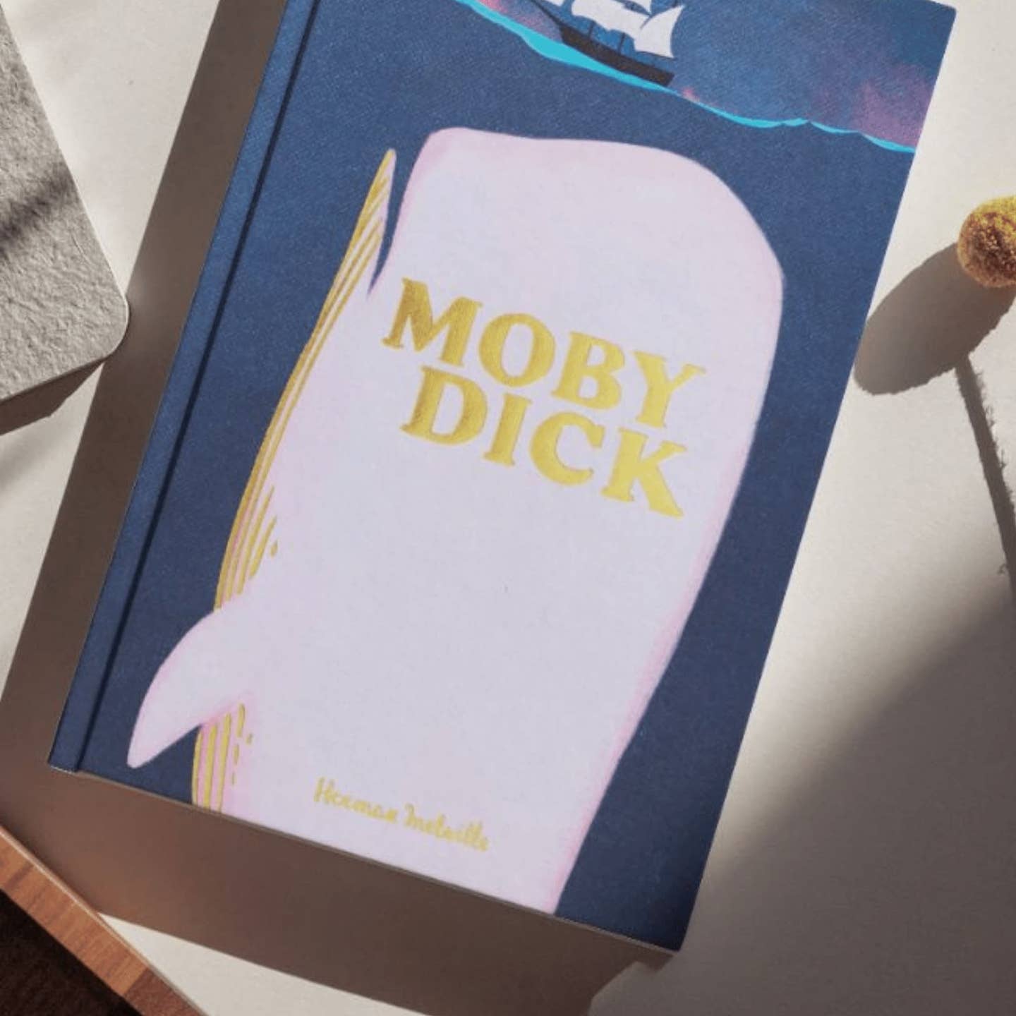 Book titled 'Moby Dick' with a blue cover and white text on a light background
