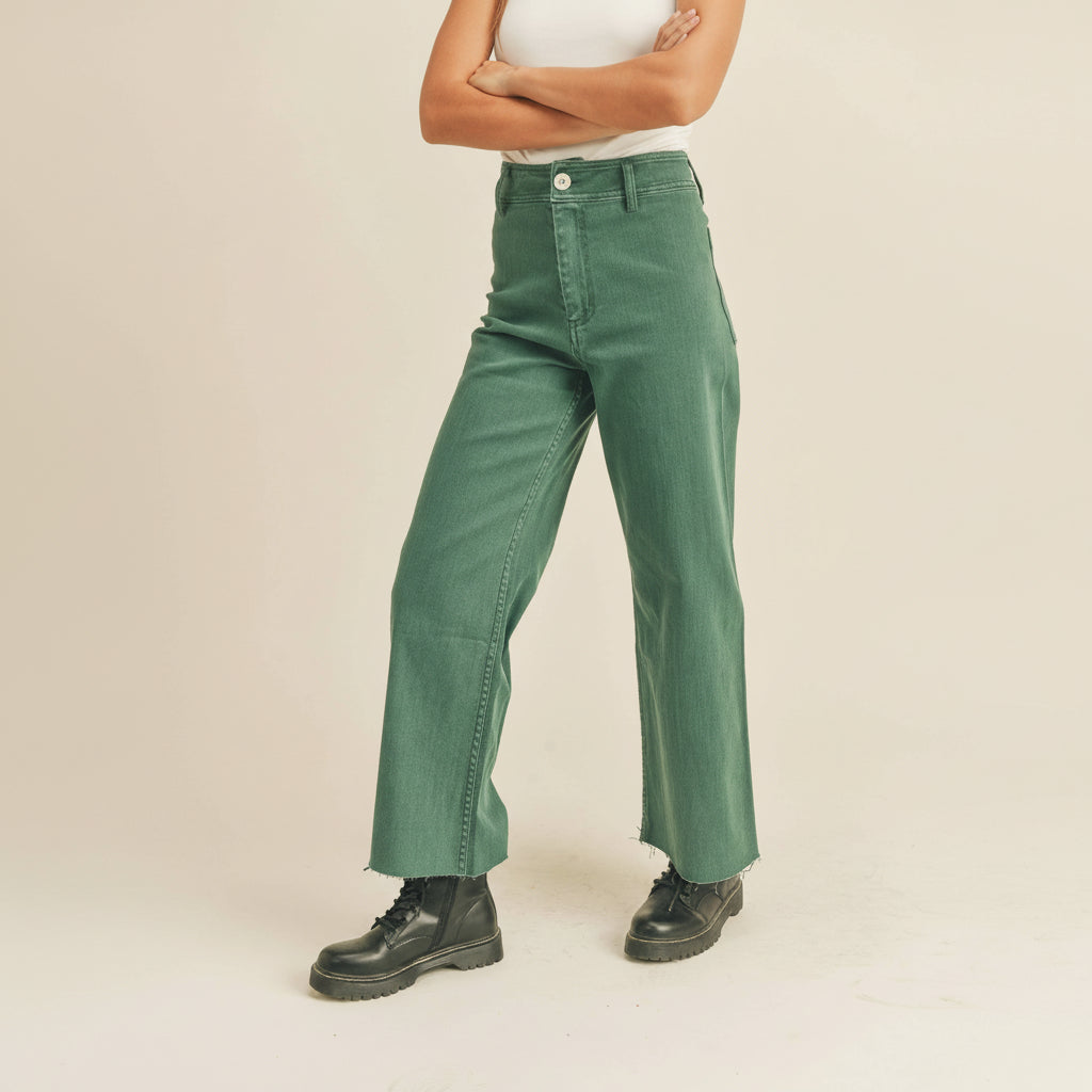 Embrace effortless style with these Straight Wide Leg Denim Pants in a beautiful rich sage green. Designed for comfort and confidence, the relaxed wide-leg silhouette flatters every frame while the timeless straight cut works with everything in your closet. Perfect for creating that laid-back, intentional look you've been craving. Whether you're dressing up or keeping it casual, these pants are your new go-to for feeling grounded and authentically yourself.