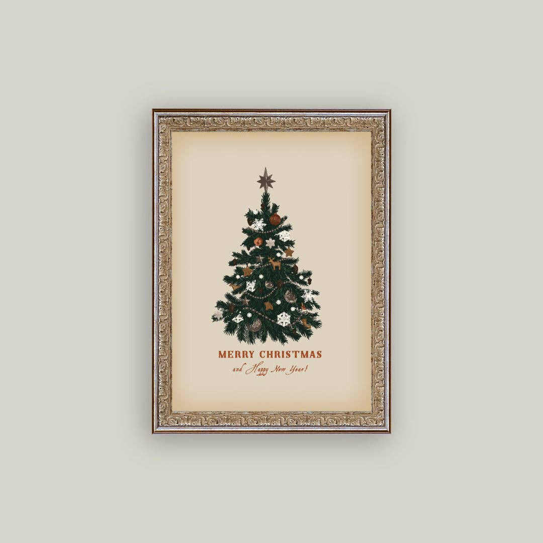 Bring timeless holiday charm into your home with this beautifully framed antique art piece. Featuring a classic tree design with a warm, vintage aesthetic, it's the perfect way to celebrate the season with nostalgic elegance. The rich, aged patina and traditional styling make it an ideal accent for any room, whether displayed year-round or as part of your festive décor. A thoughtful gift for those who appreciate classic holiday traditions and vintage treasures. 8x10