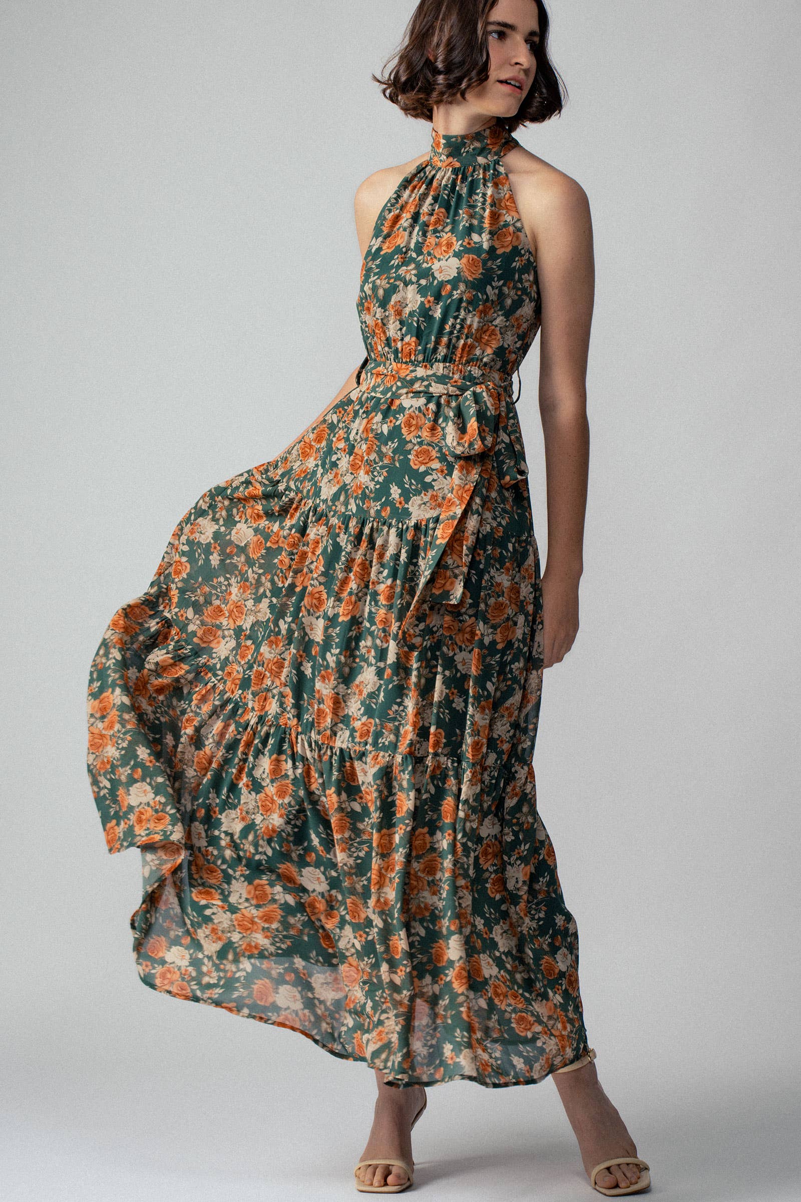 Halter Neck Floral Tiered Maxi Dress
