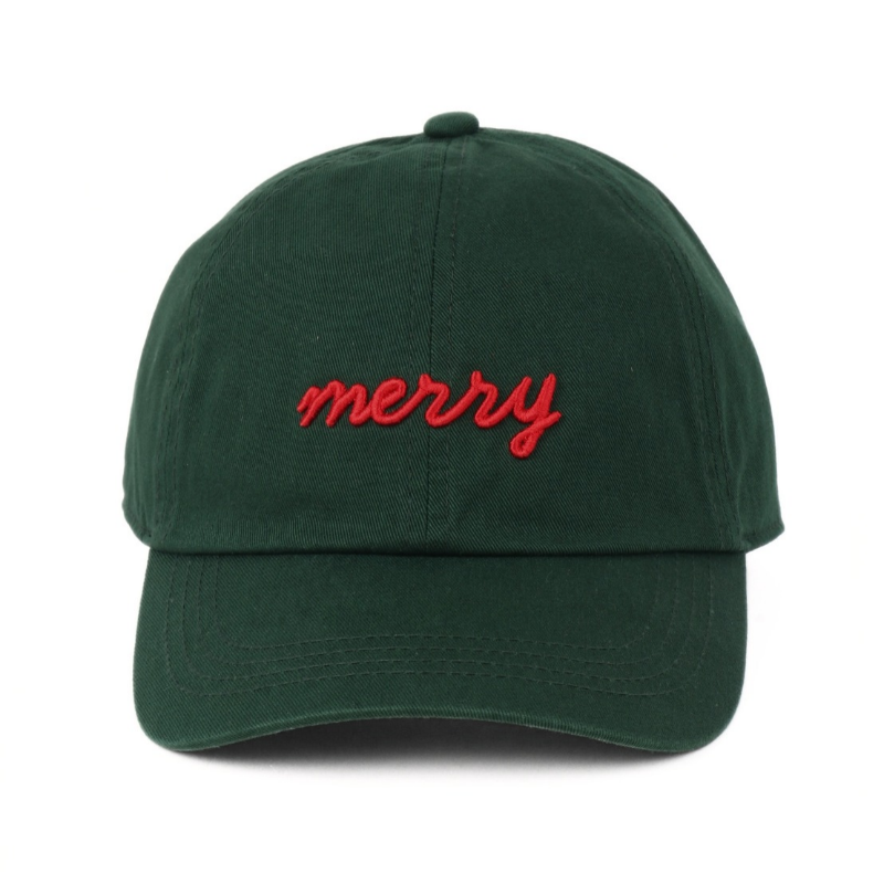 Christmas Merry 3D Puff Embroidered Baseball Cap - green cap with red Merry on it