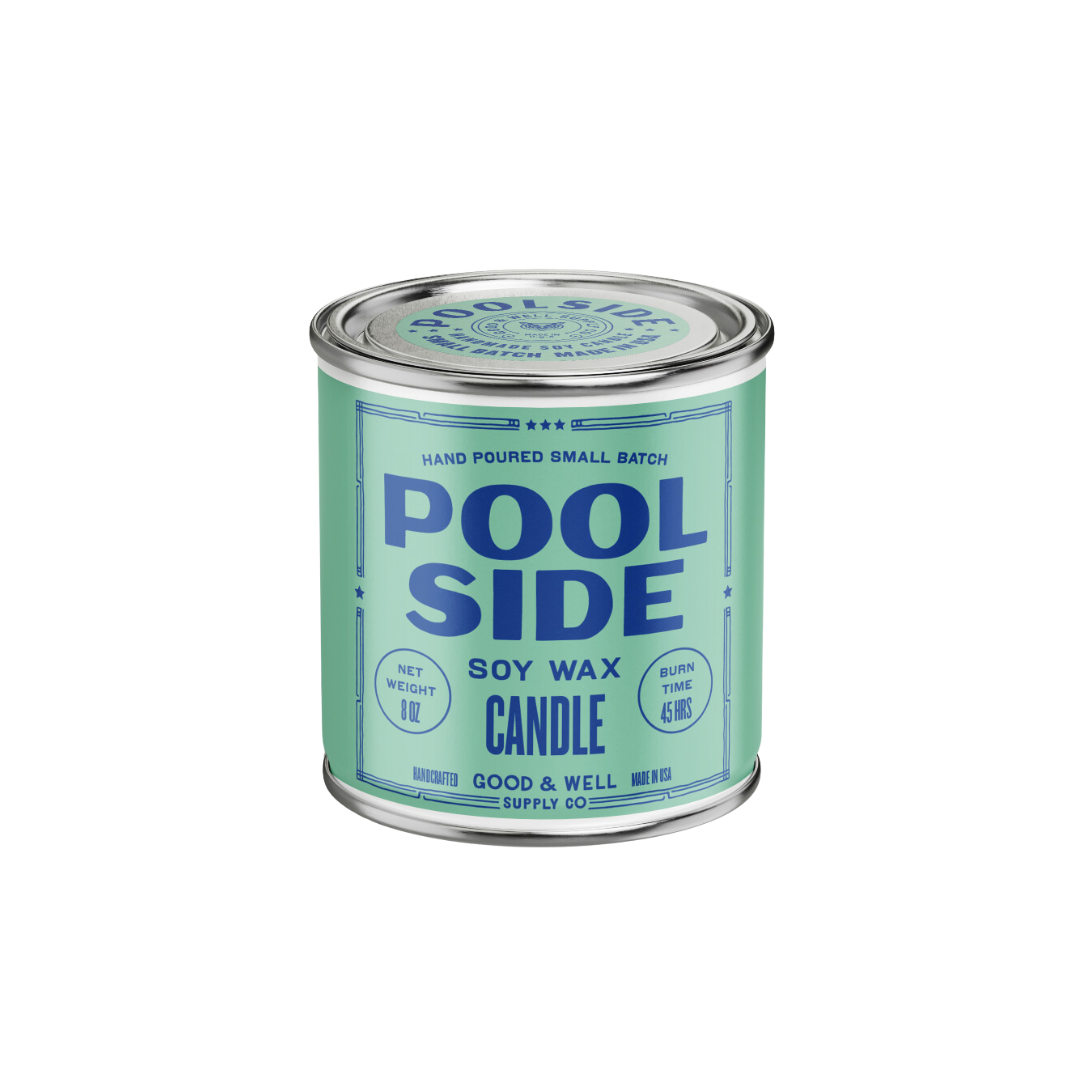 Candle container labeled 'Pool Side' on a white background