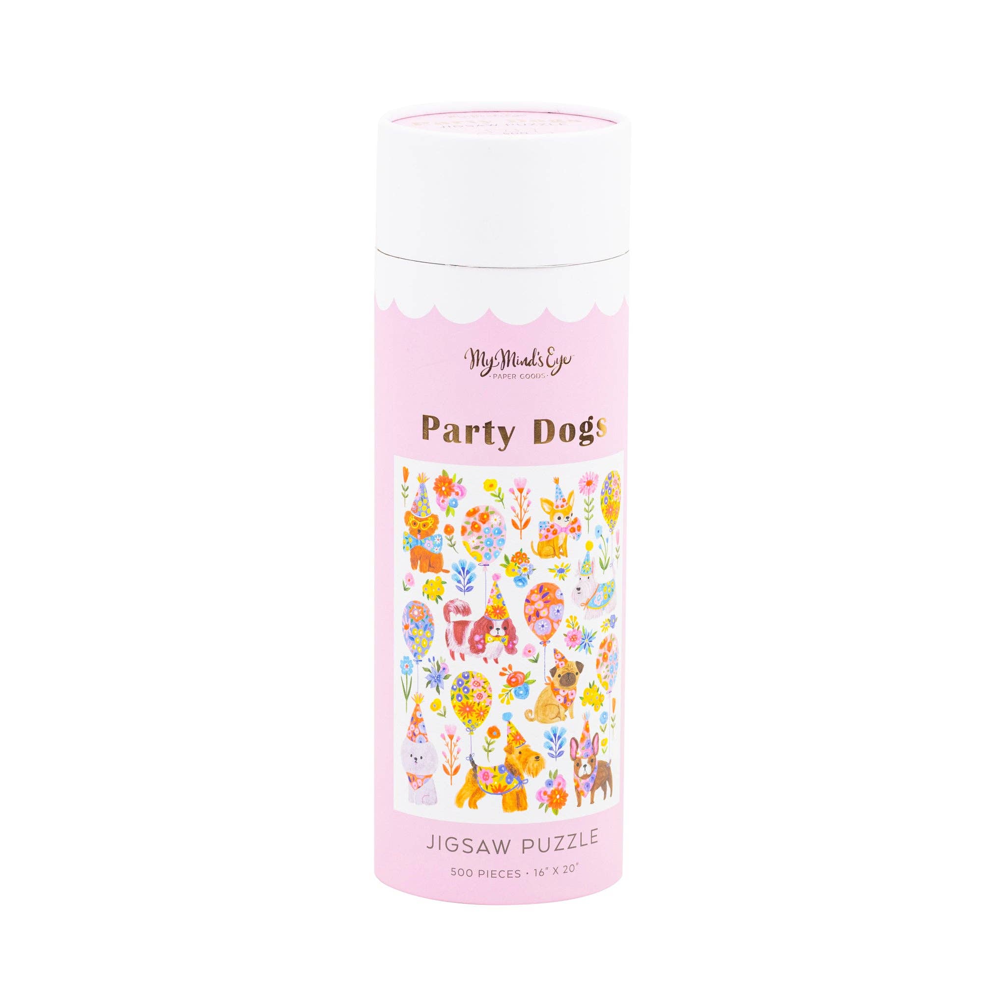 Jigsaw puzzle packaging with 'Party Dogs' design on a white background