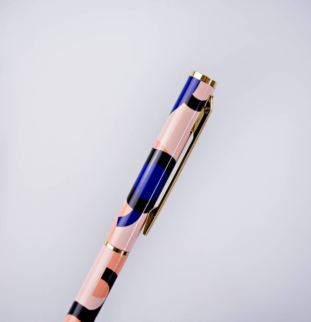Make writing a little more fabulous with this printed metal pen with real gold plated trim. It has a fine ball point and black ink.