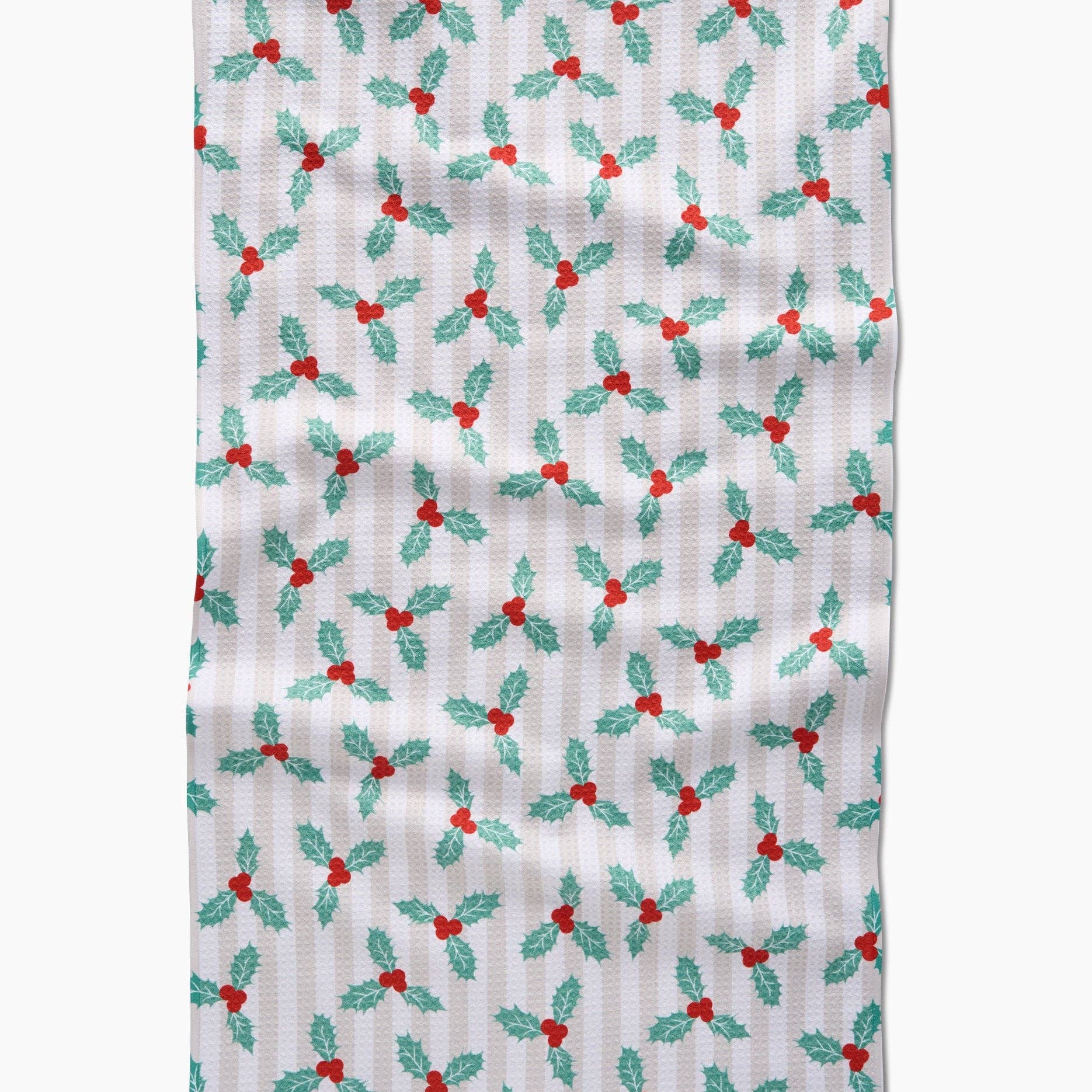 Tea towel with holly berry pattern on a striped background