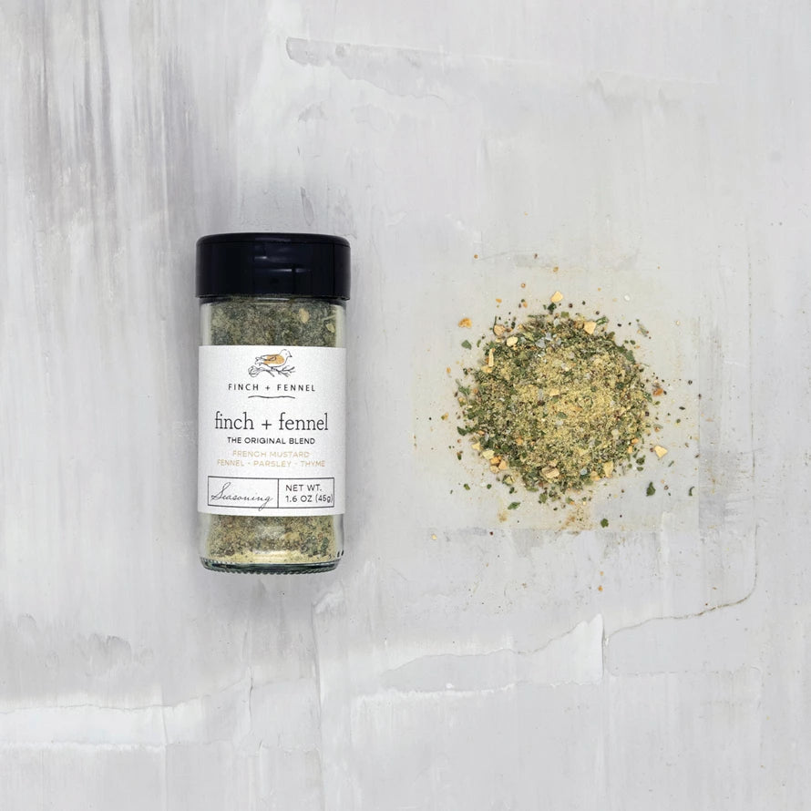 Finch + Fennel Seasoning is specially crafted to invoke the classic flavors of French cuisine. Sharp yellow mustard powder blended with fennel, parsley, and aromatic garlic and onion give this seasoning its fragrant, herbaceous flavor.