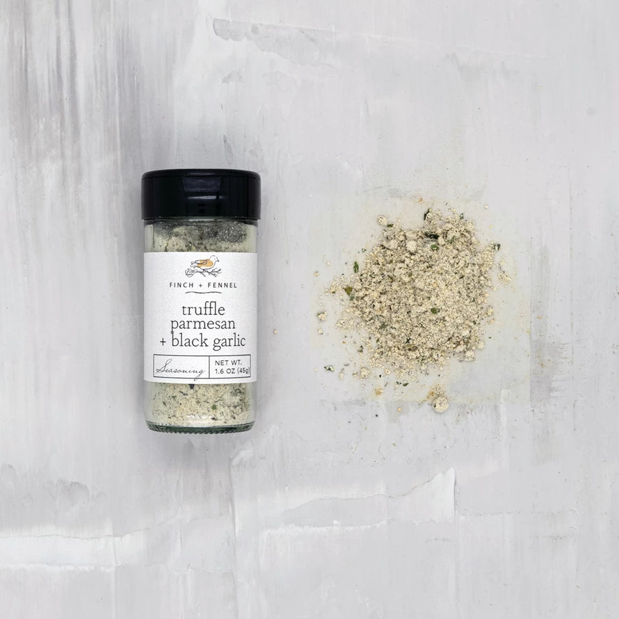 Our Truffle Parmesan + Black Garlic Seasoning is a rich seasoning blend which combines the potent, savory flavors of truffles and black garlic with the salty tang of Parmesan cheese.