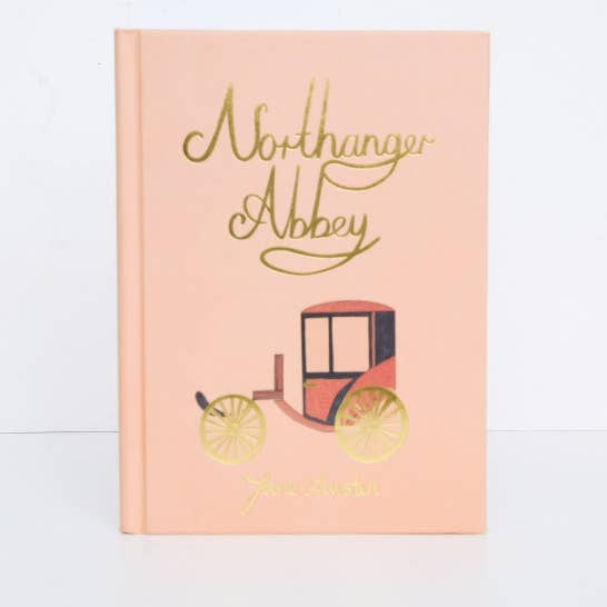 Book cover of 'Northanger Abbey' with a carriage illustration on a light pink background