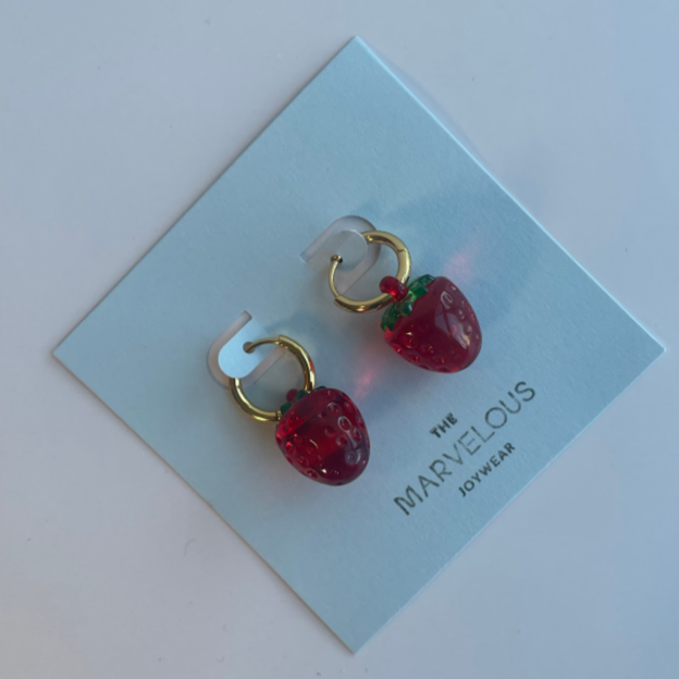 strawberry beads on gold hoops