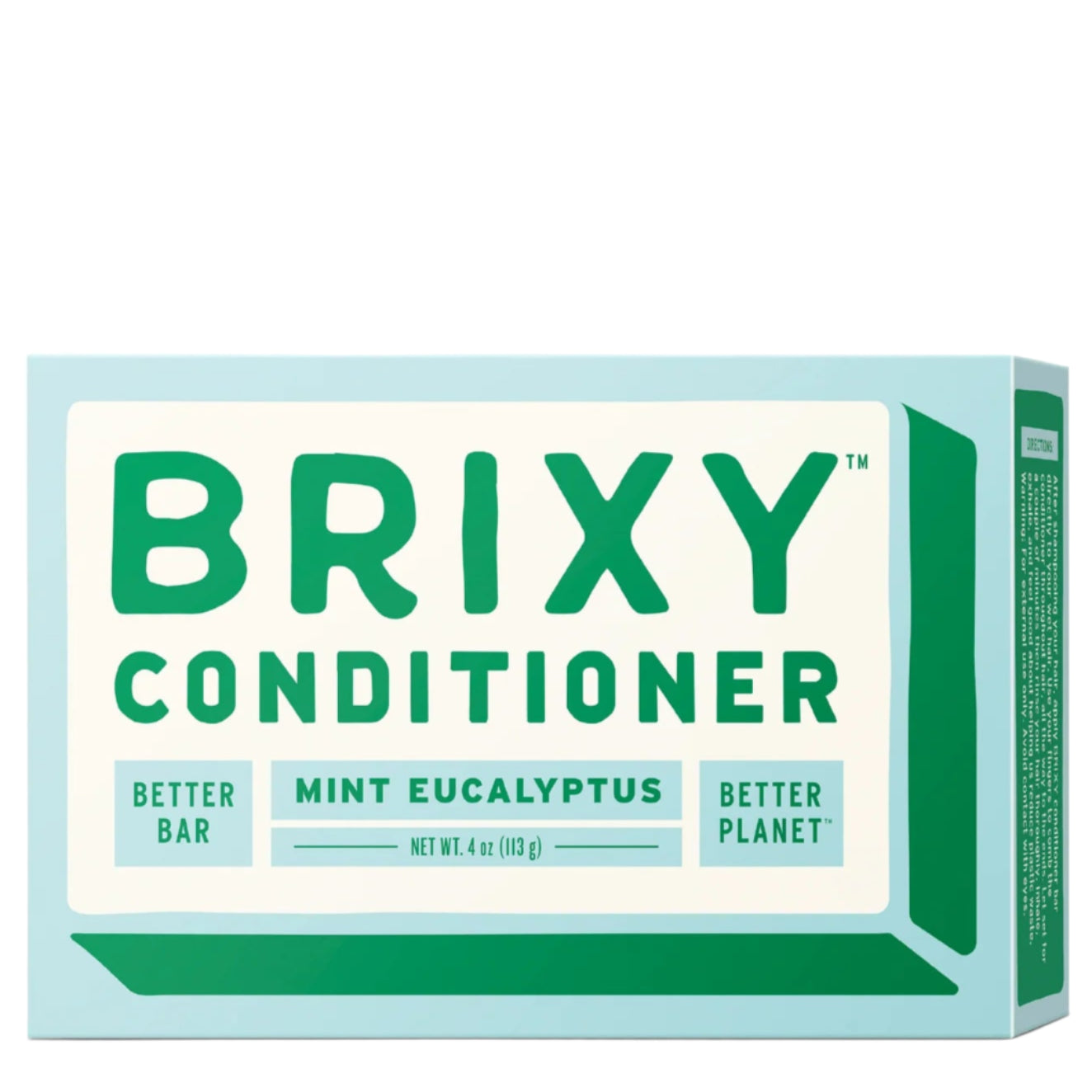 A rectangular box of BRIXY Conditioner in bold blue and green packaging. The product is mint eucalyptus scented and promotes sustainability by replacing three bottles with one solid bar.