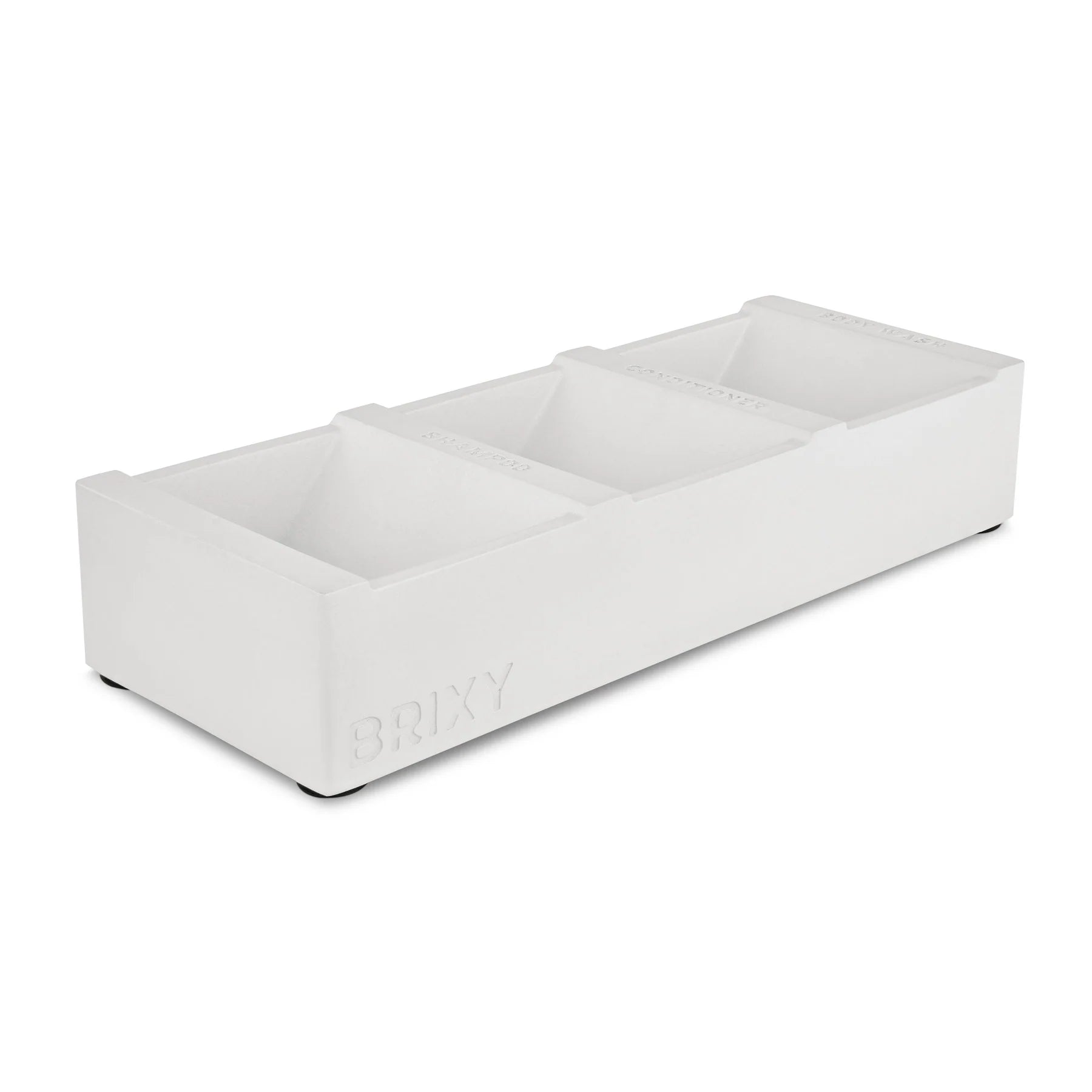 Cement style soap dish with 3 rectangular slots for soaps. The front is engraved in the cement with the branding BRIXY