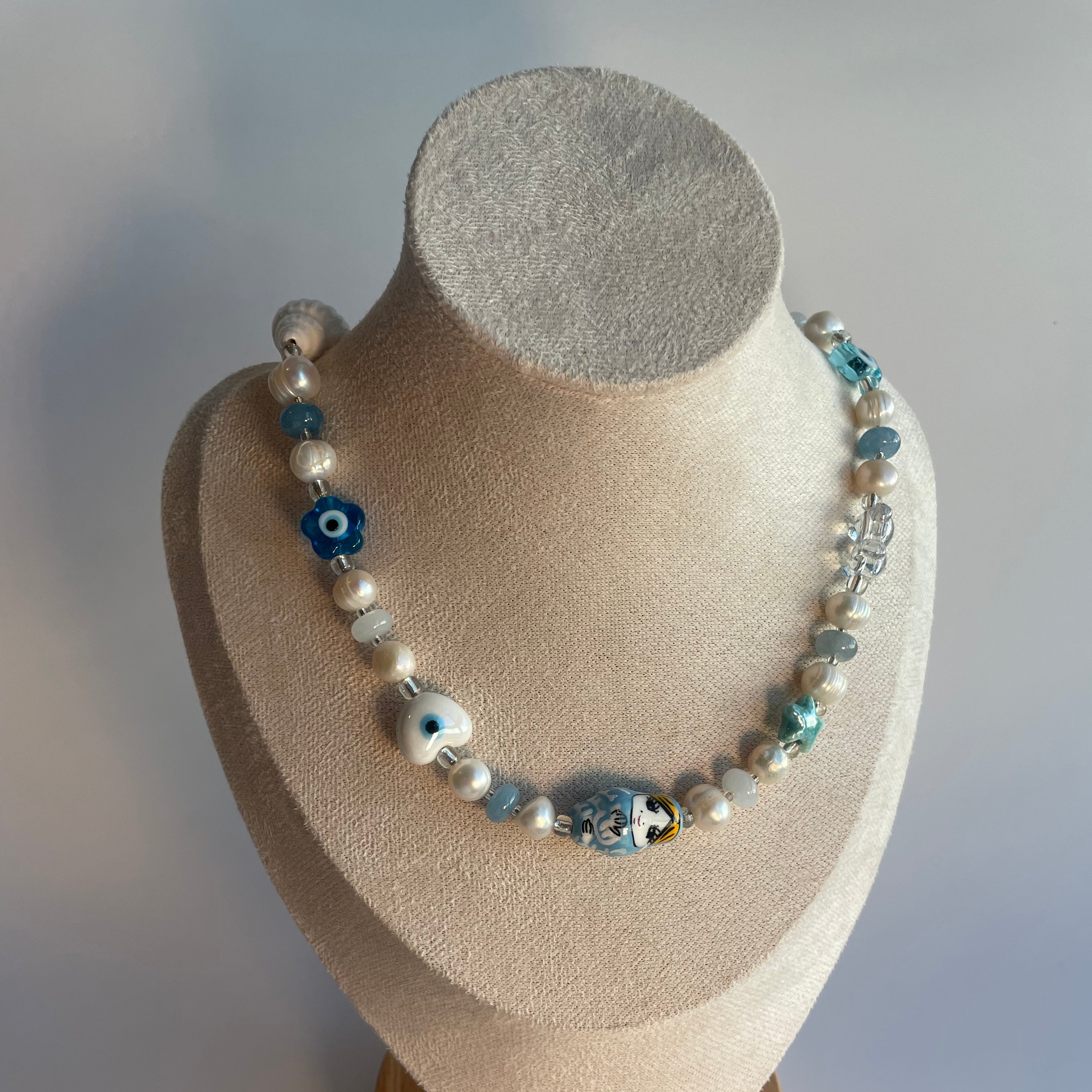 blue happy necklace with pearls, ceramic and glass beads