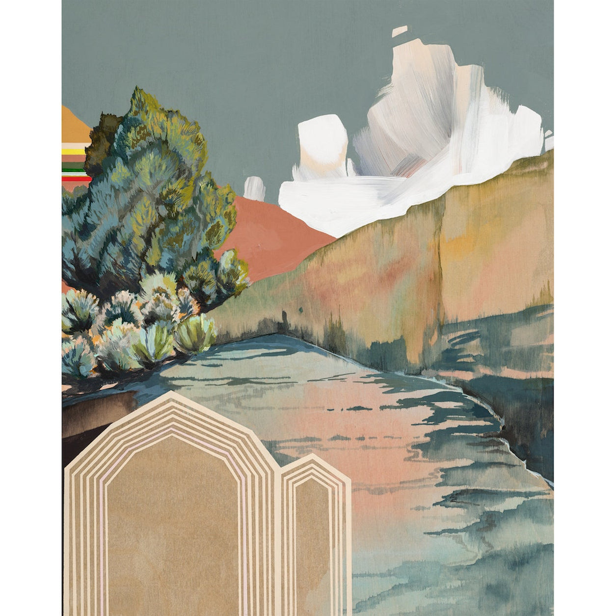 rough creamy brushstrokes of color make up sage brush, clouds, and hills. Arches reside a the bottom in cozy beige. 