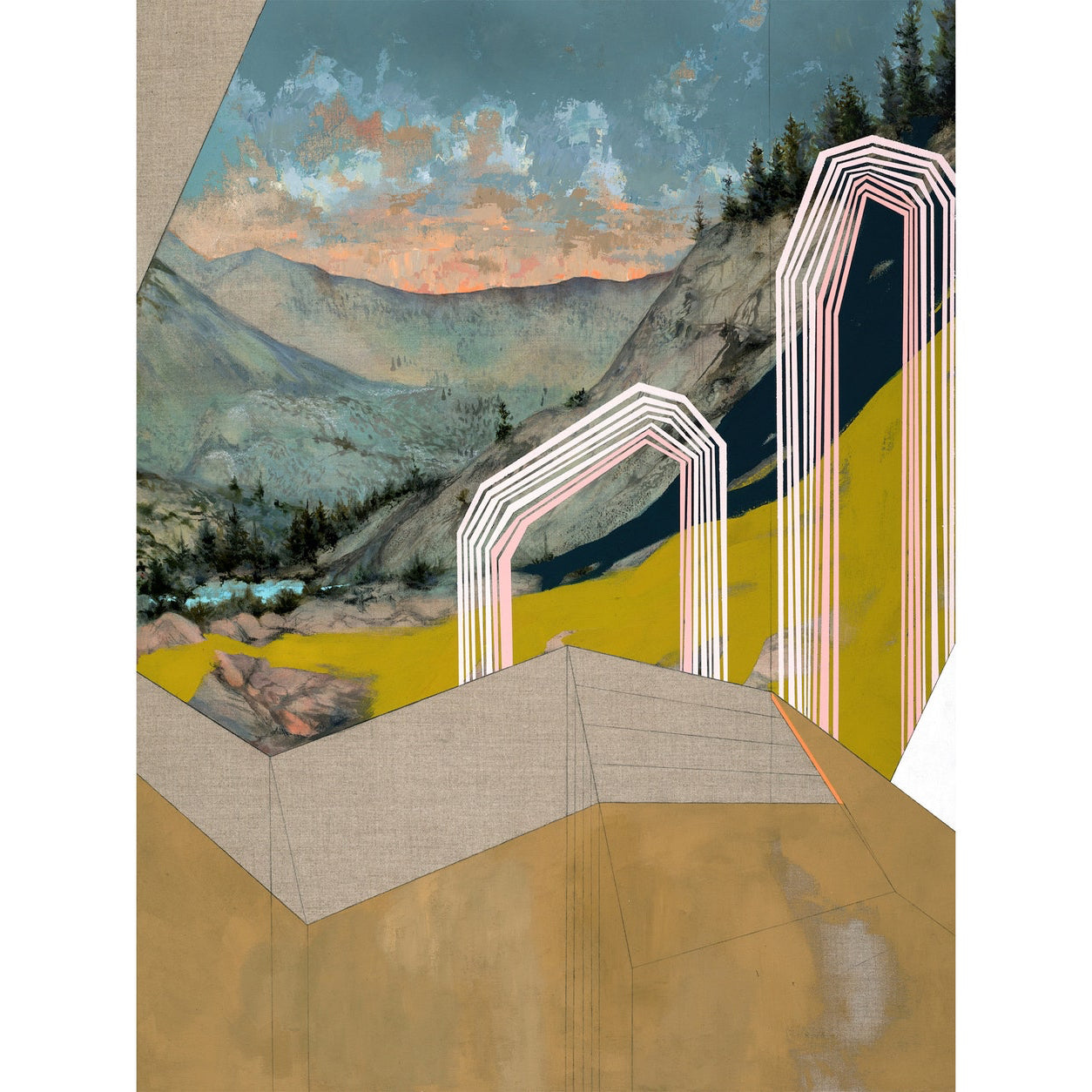 print shows a valley with pines along the ridge, the distant mountains shrouded in grey..a aura of pink shimmers in the distance, and washes of sap green layer with browns and grey at the base where abstract arches rise. 