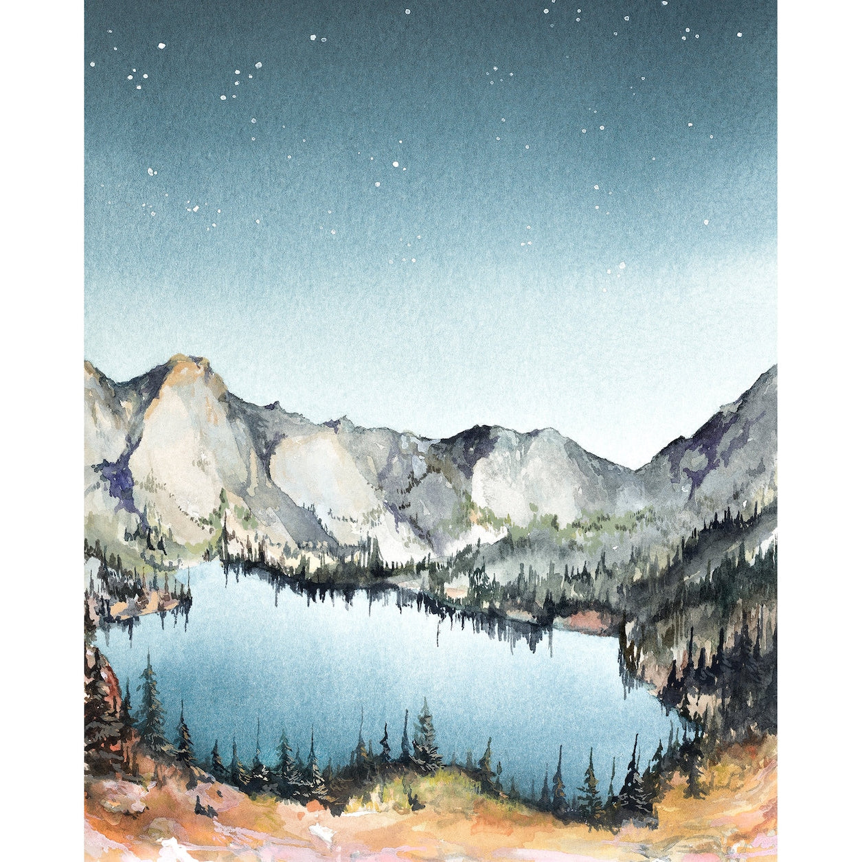 starry sky and rough mountains rise up and surround  serene lake and forest scene. 