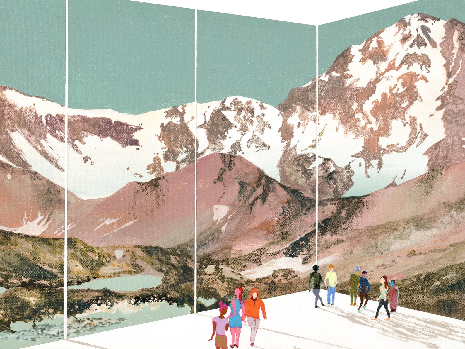 mountain scene view from a large glass panel observatory with people admiring the view. 