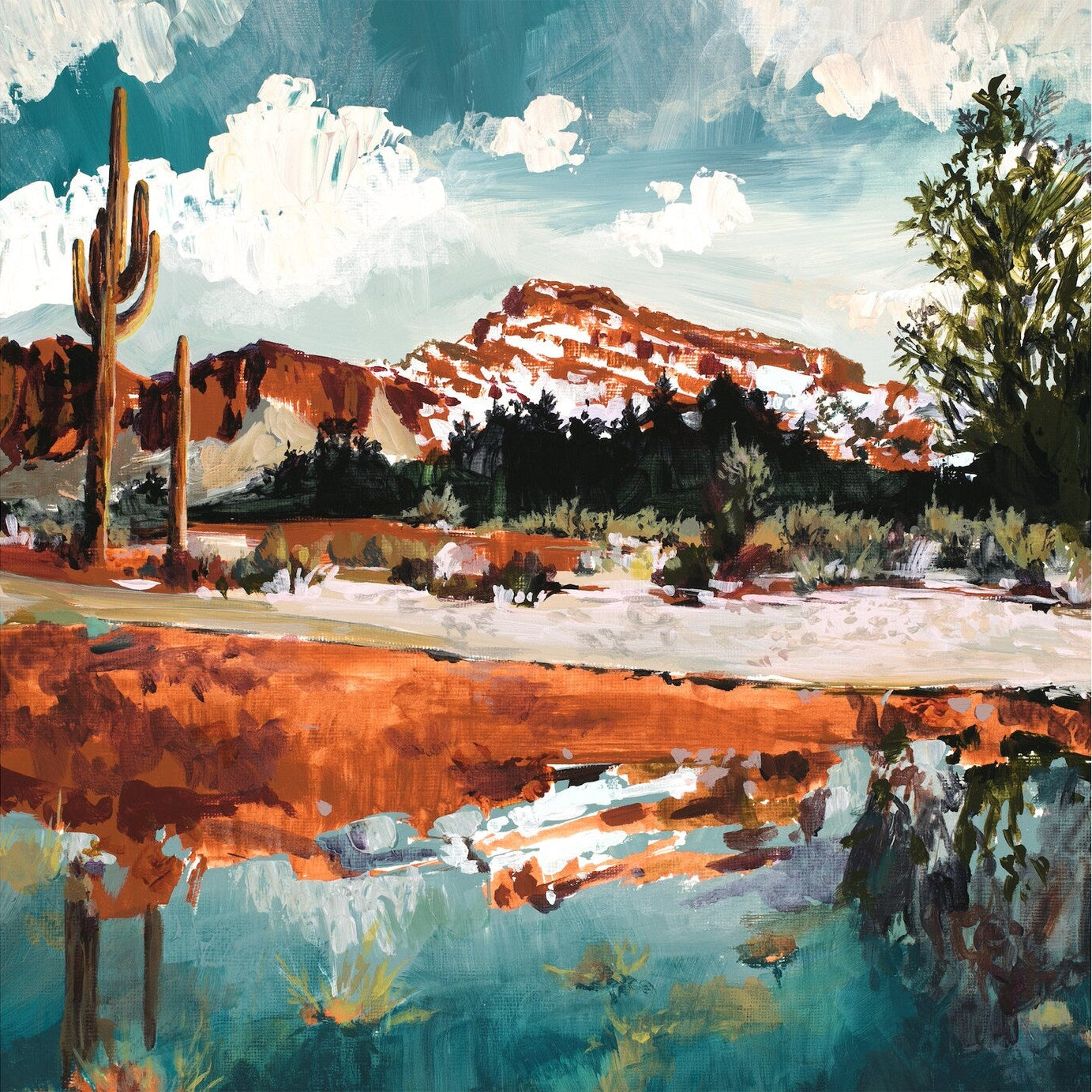 Deep teals and rusty reds make this painting incredibly rich. Red mesa formations loom in the back, while a still pool of reflective teal water reflects the grandeur of raw rock and majestic saguaros. 
