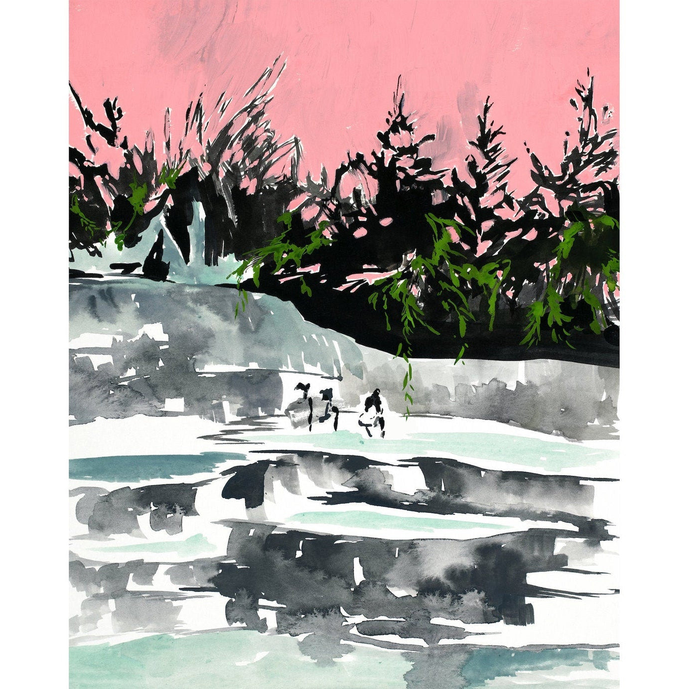 grey rock, light blue pools, green shrubbery, and a bright pink sky. 